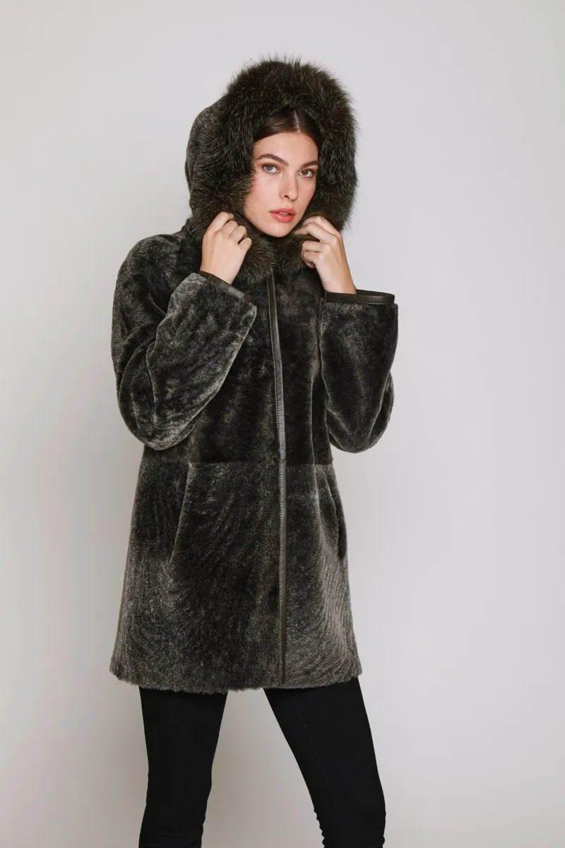 #151HDTFX Hooded Fox-Trimmed Shearling Reversible