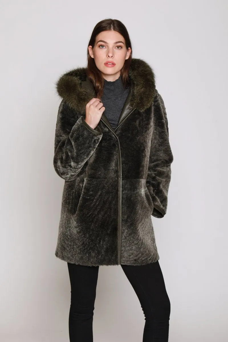 #151HDTFX Hooded Fox-Trimmed Shearling Reversible