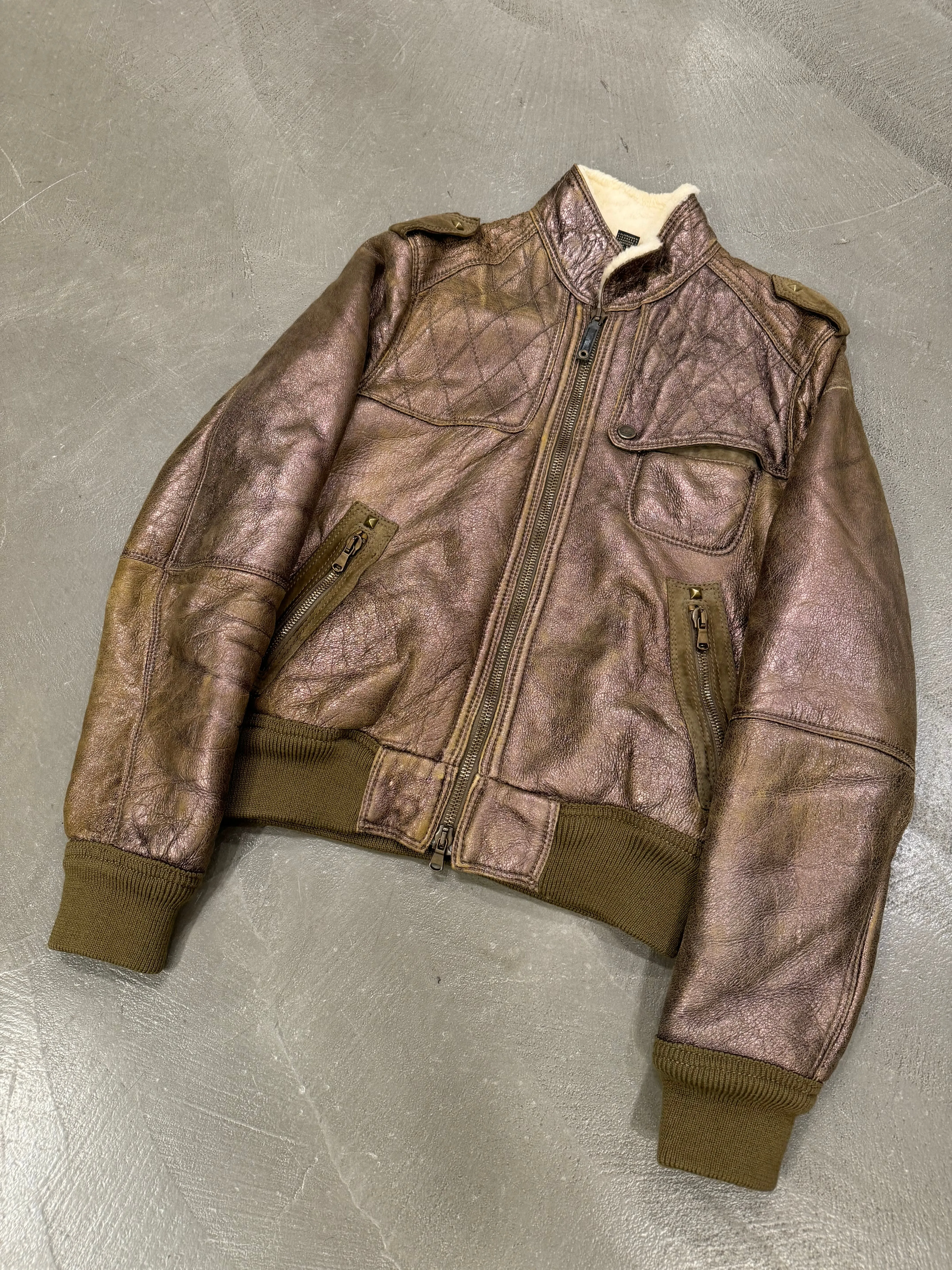 2000s Roberto Cavalli bronze metallic shearling bomber jacket