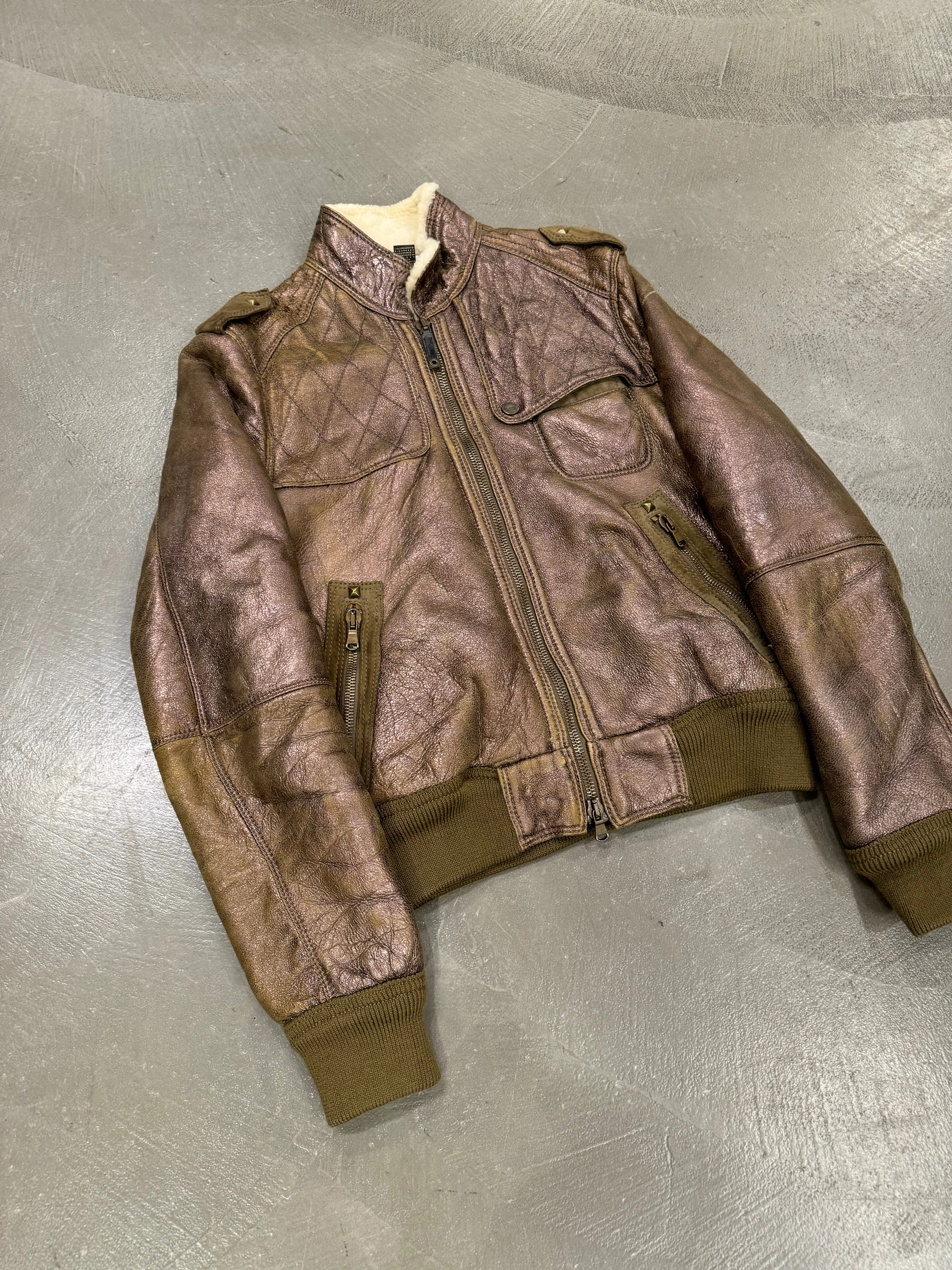 2000s Roberto Cavalli bronze metallic shearling bomber jacket