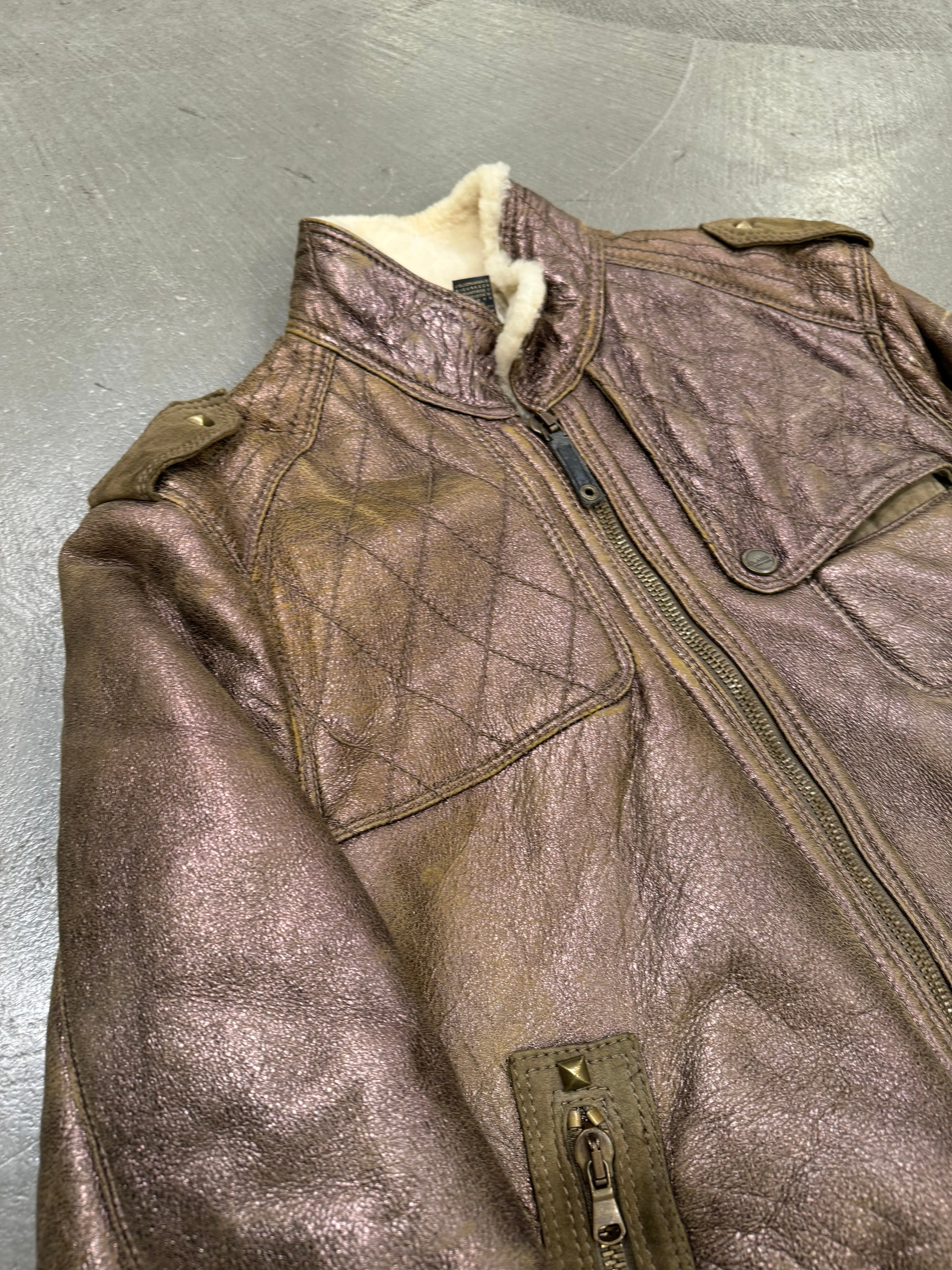 2000s Roberto Cavalli bronze metallic shearling bomber jacket