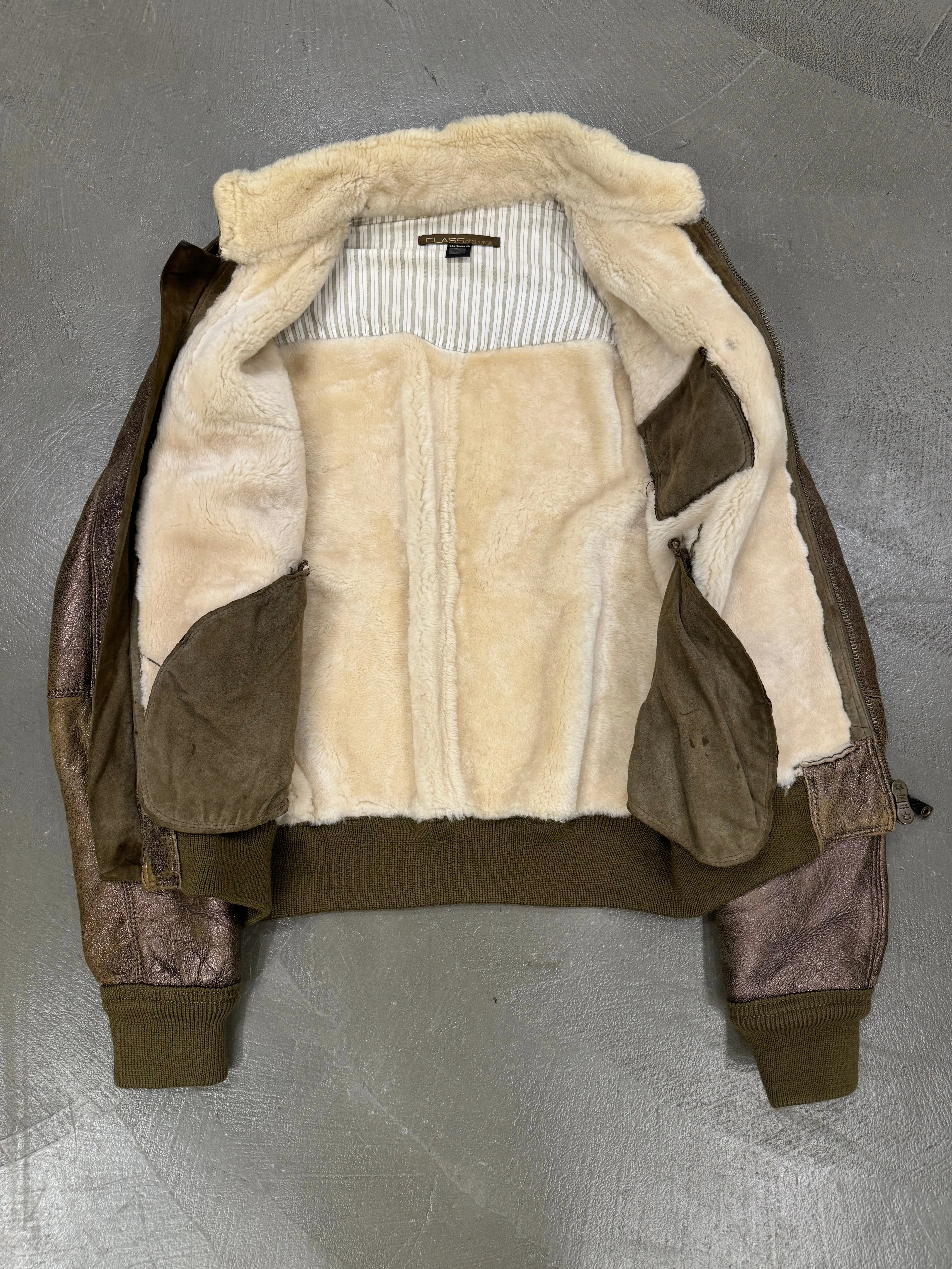 2000s Roberto Cavalli bronze metallic shearling bomber jacket