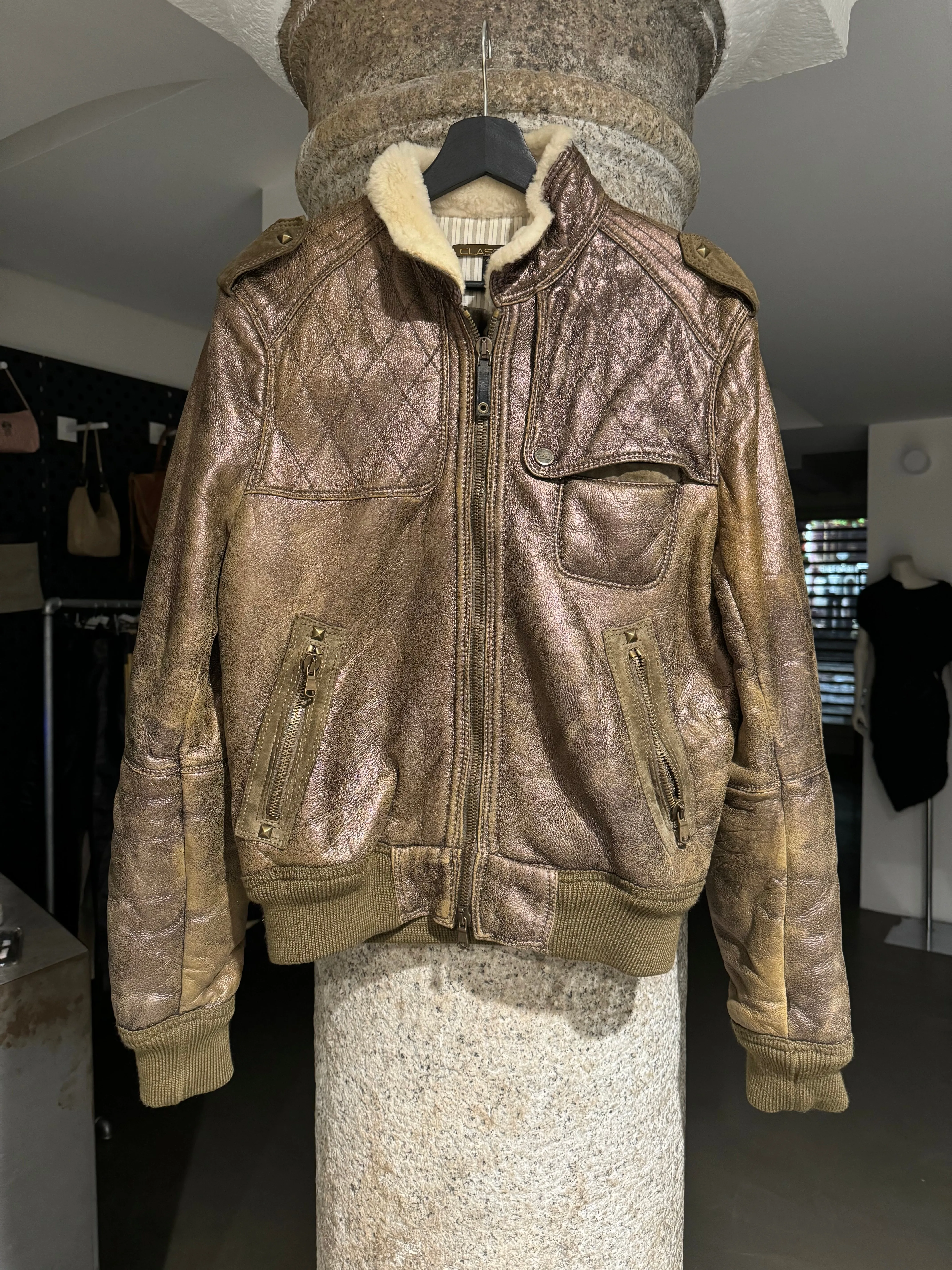 2000s Roberto Cavalli bronze metallic shearling bomber jacket