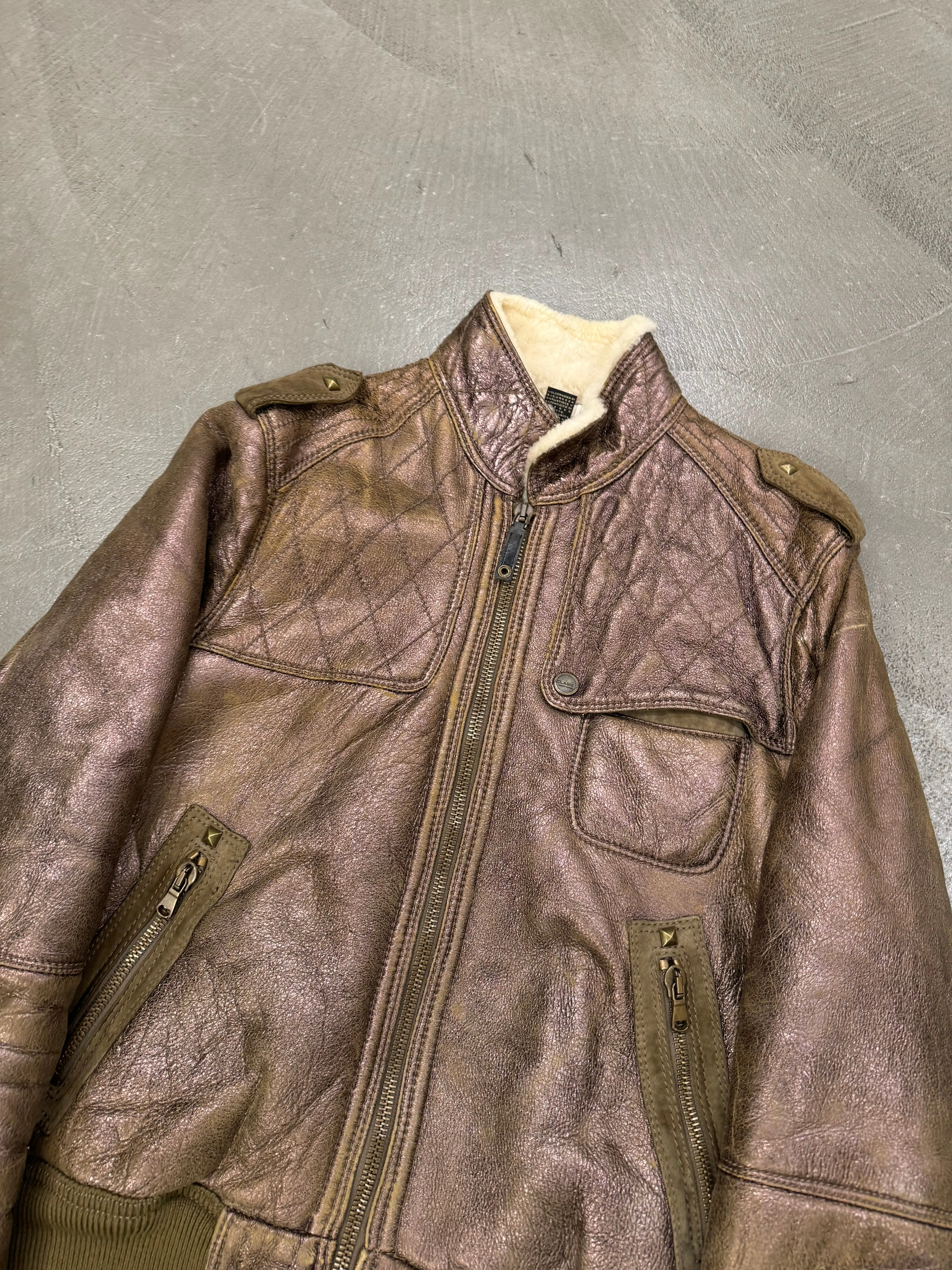 2000s Roberto Cavalli bronze metallic shearling bomber jacket
