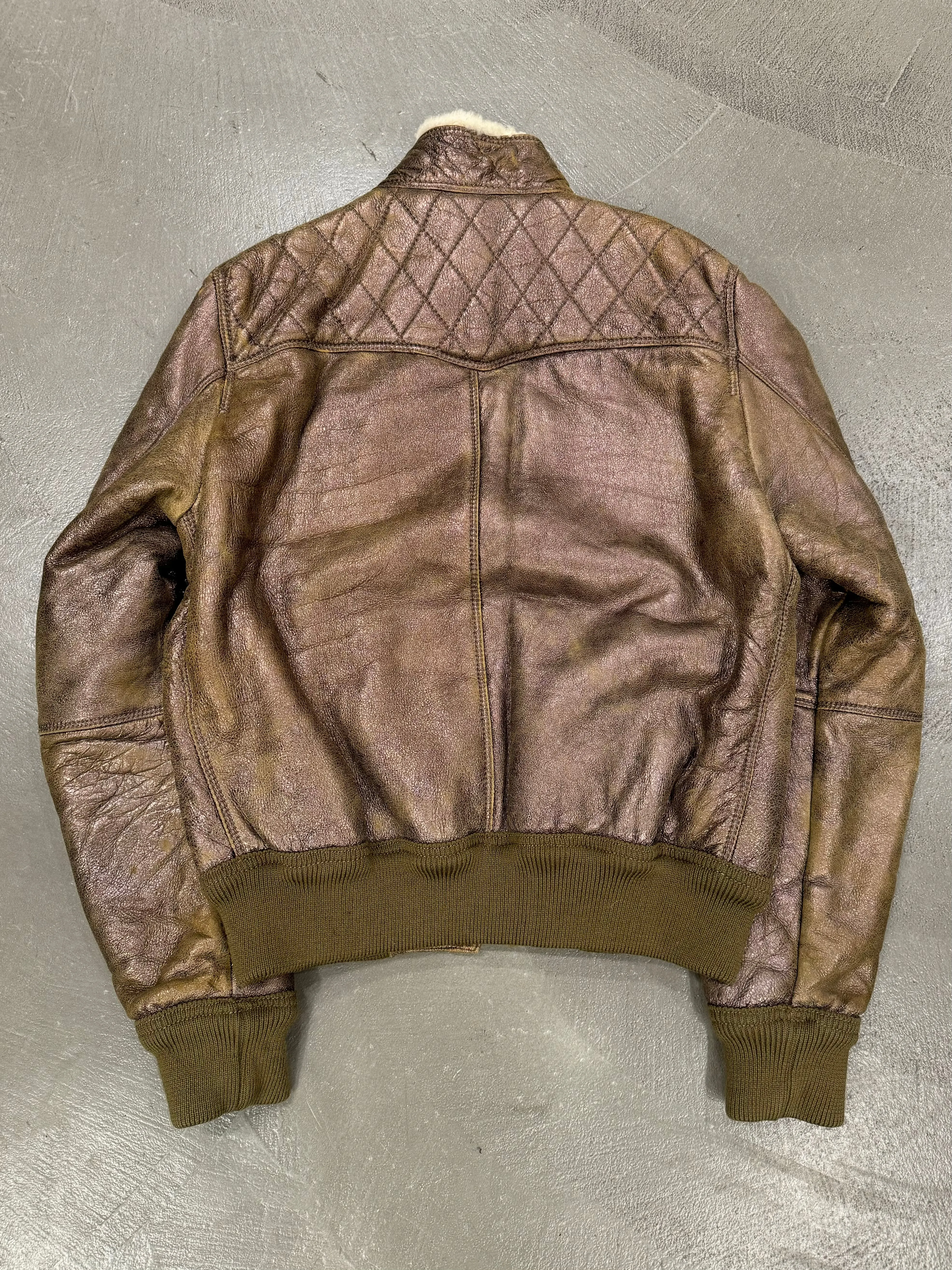 2000s Roberto Cavalli bronze metallic shearling bomber jacket