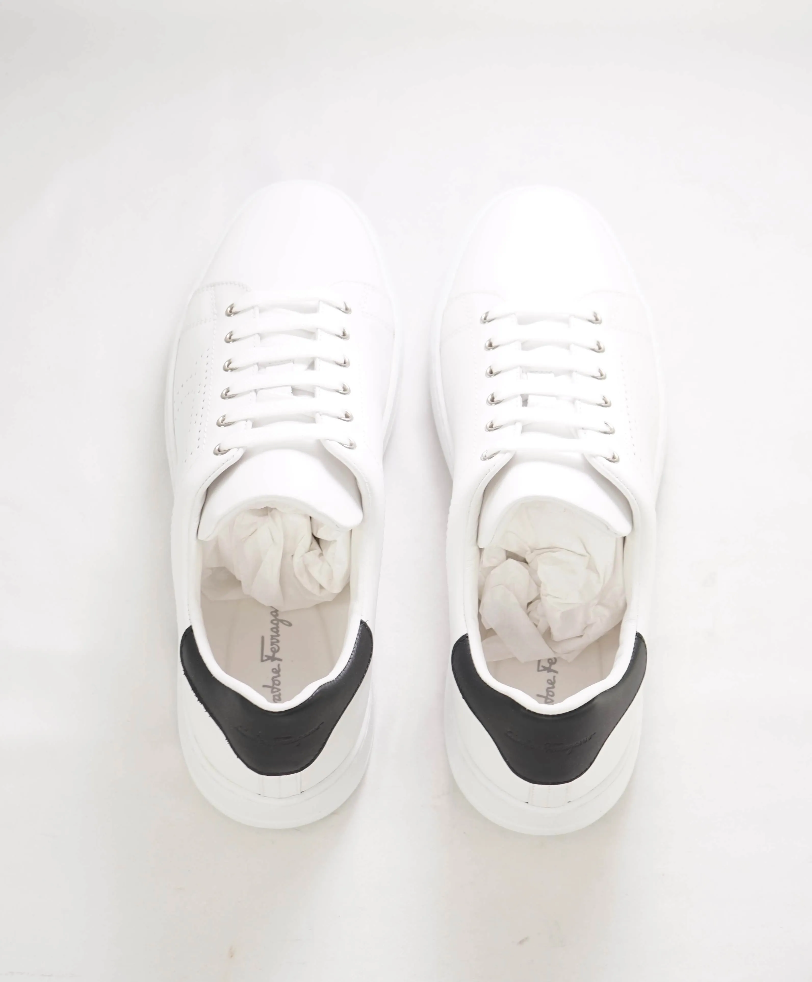 $695 SALVATORE FERRAGAMO - *PIERRE* White/Black Gancini Sneaker - 10.5 M US