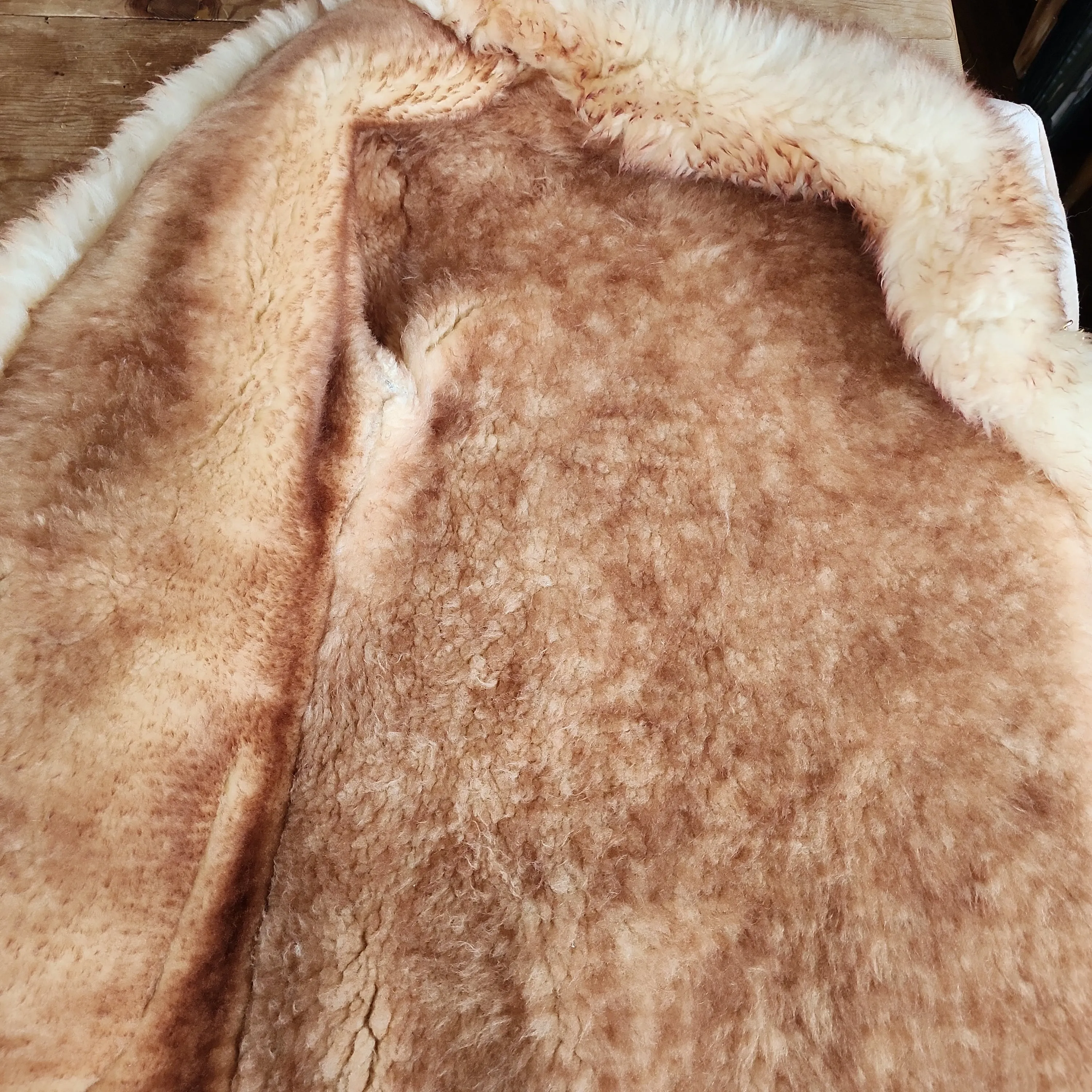 70s 60s Afghan Coat in Beige Suede & Shearling, Gold Chain Closure Medium
