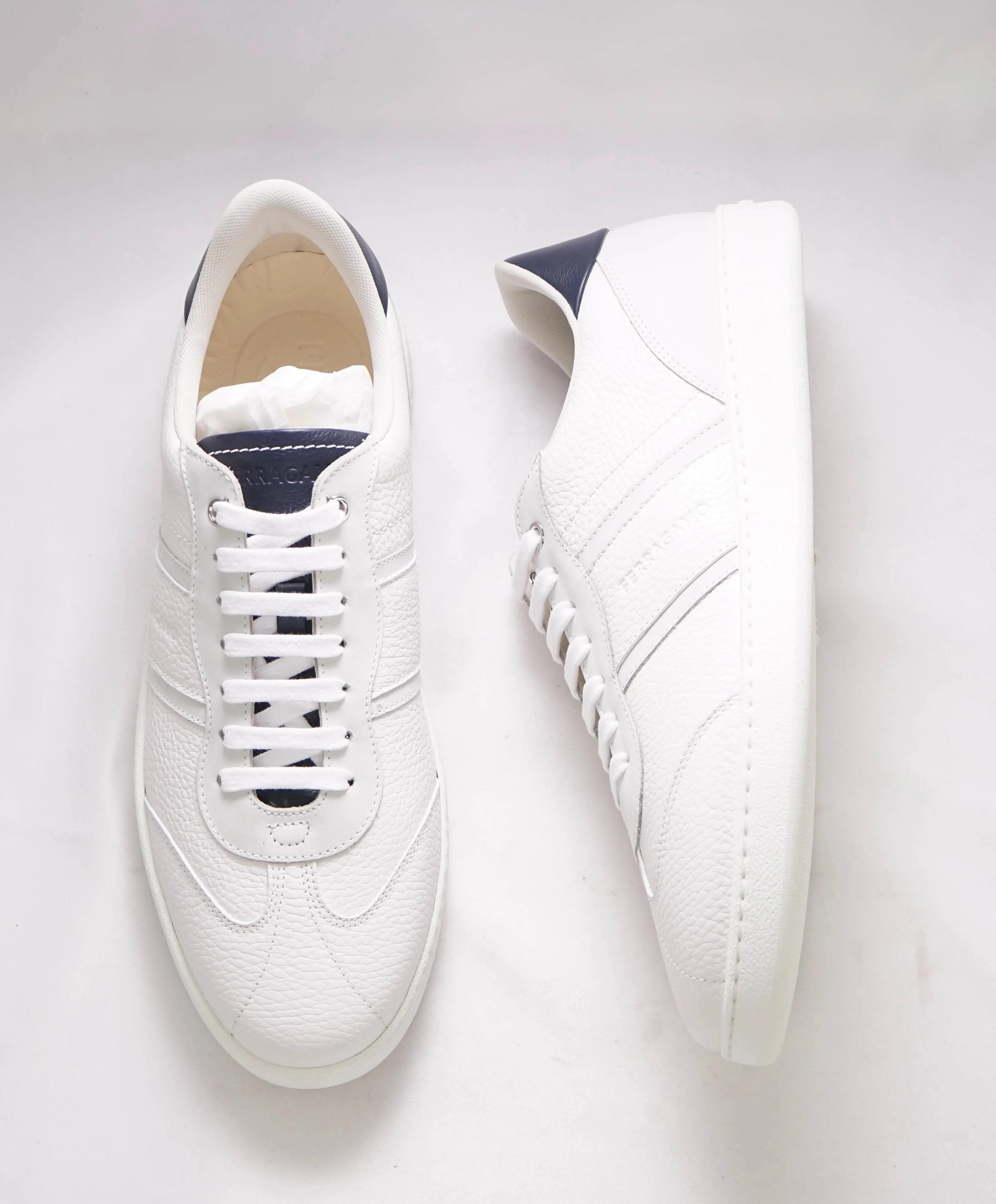$750 SALVATORE FERRAGAMO - *ACHILLE 1* White/Navy Gancini Sneaker - 10 M US