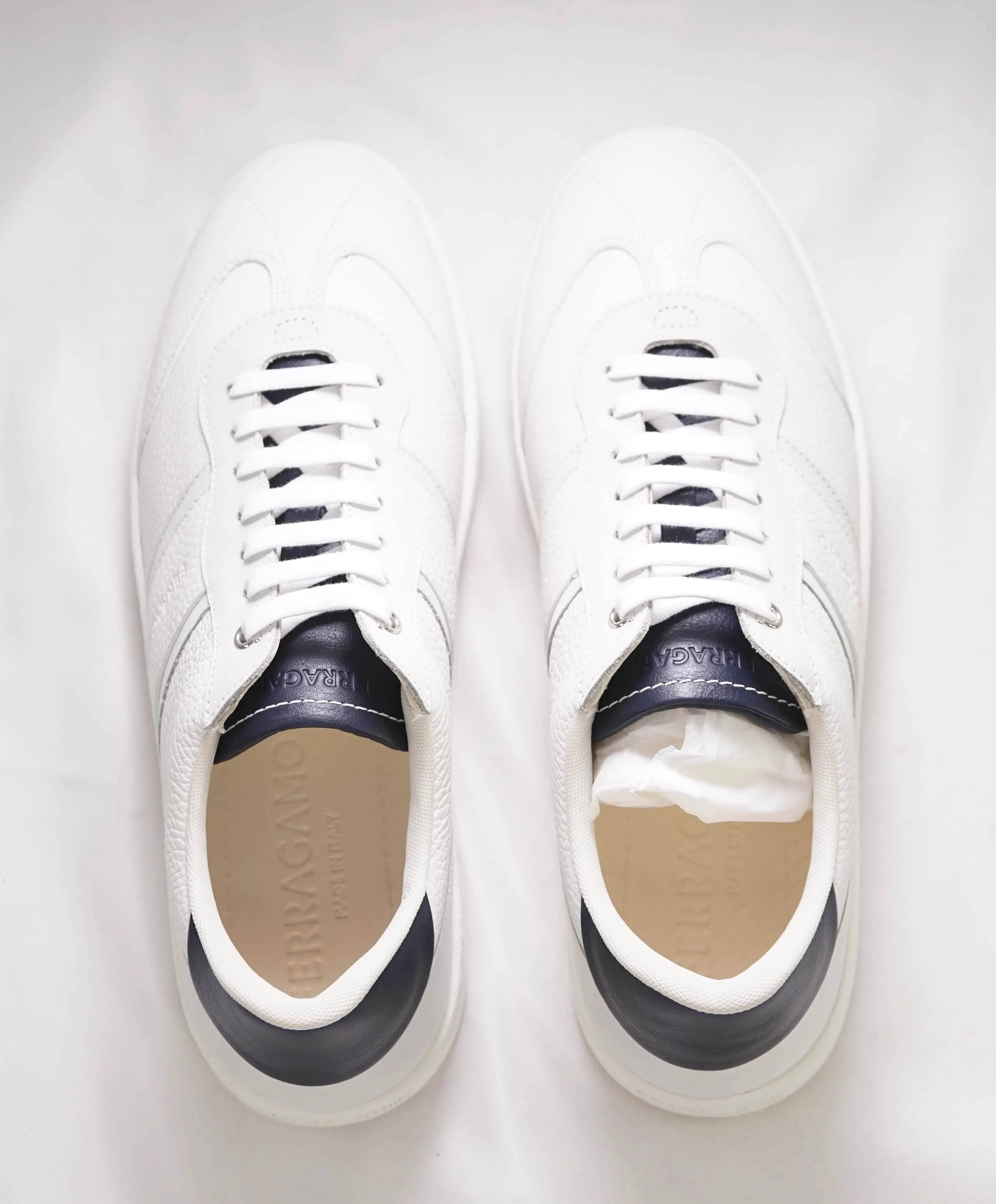 $750 SALVATORE FERRAGAMO - *ACHILLE 1* White/Navy Gancini Sneaker - 10 M US