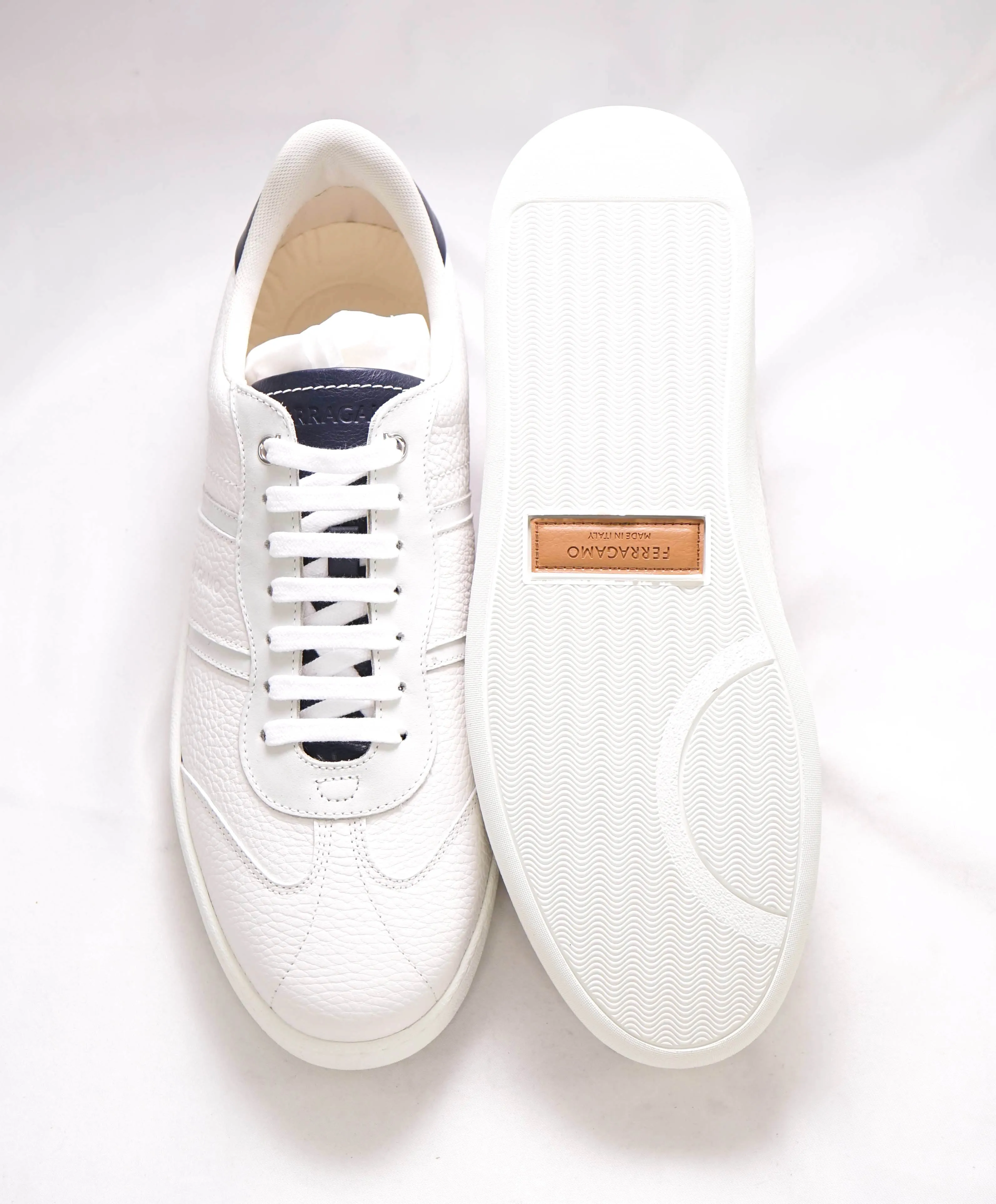 $750 SALVATORE FERRAGAMO - *ACHILLE 1* White/Navy Gancini Sneaker - 10 M US