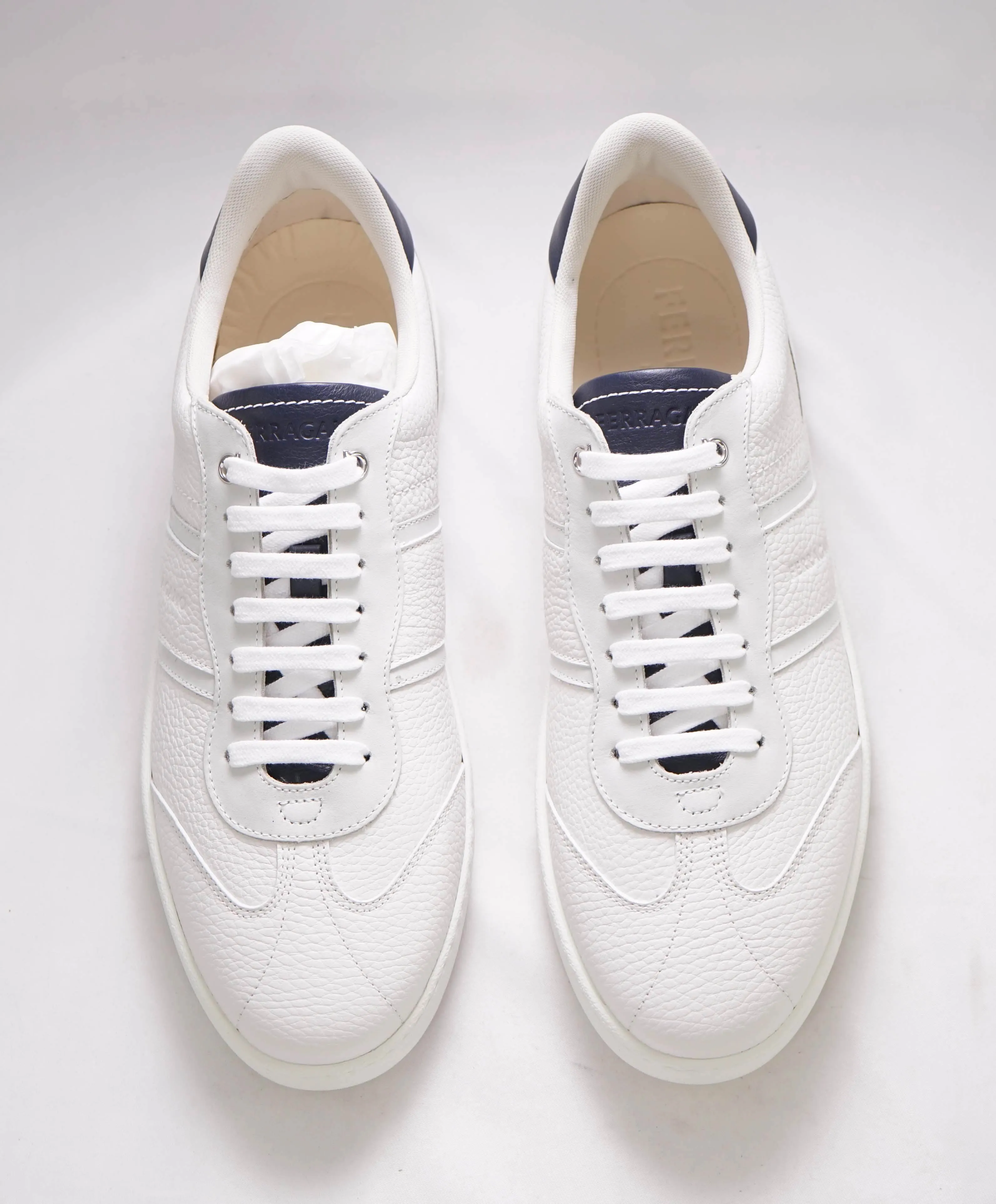 $750 SALVATORE FERRAGAMO - *ACHILLE 1* White/Navy Gancini Sneaker - 10 M US