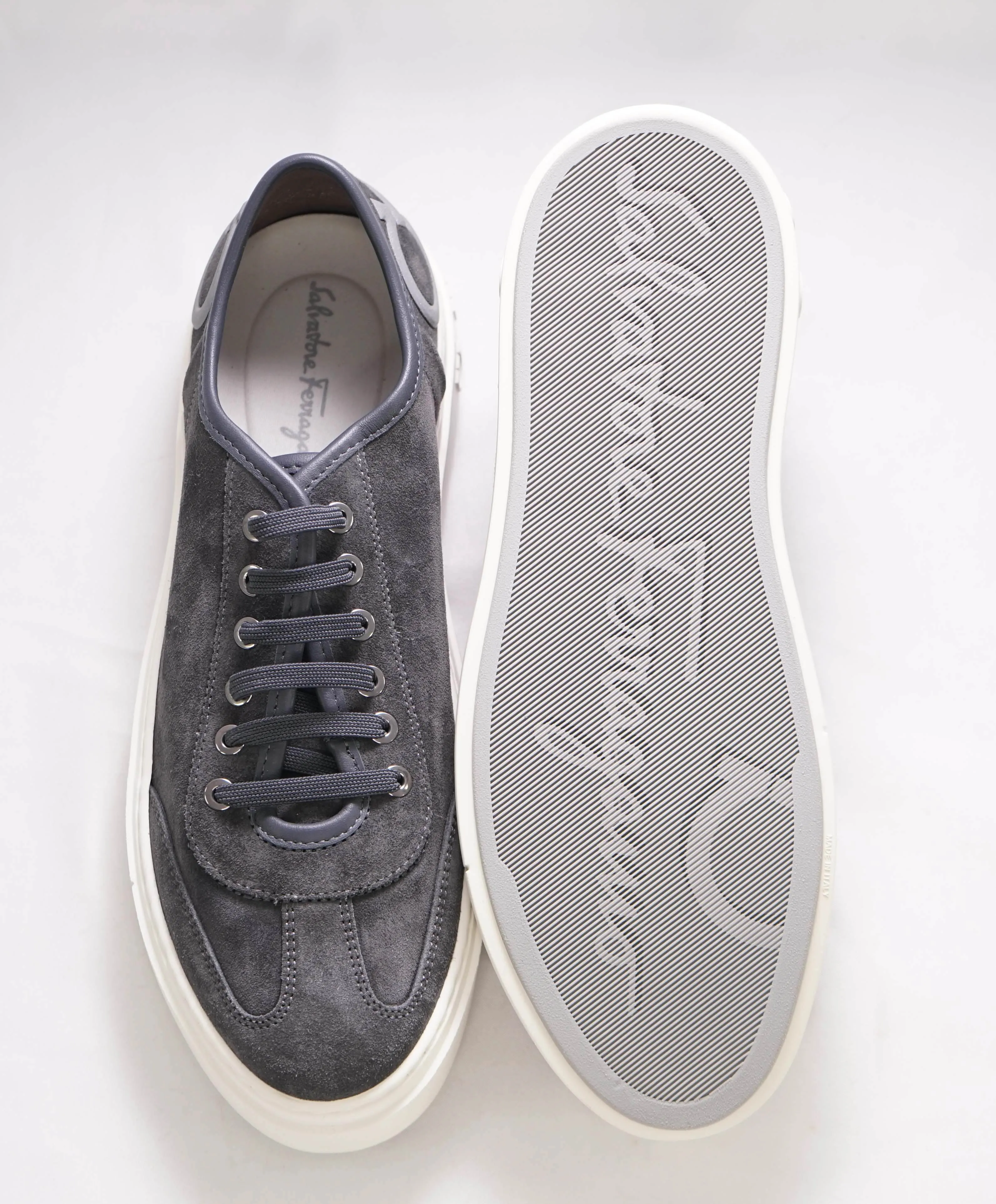 $750 SALVATORE FERRAGAMO - Gray Gancini Logo Sneaker - 8M US