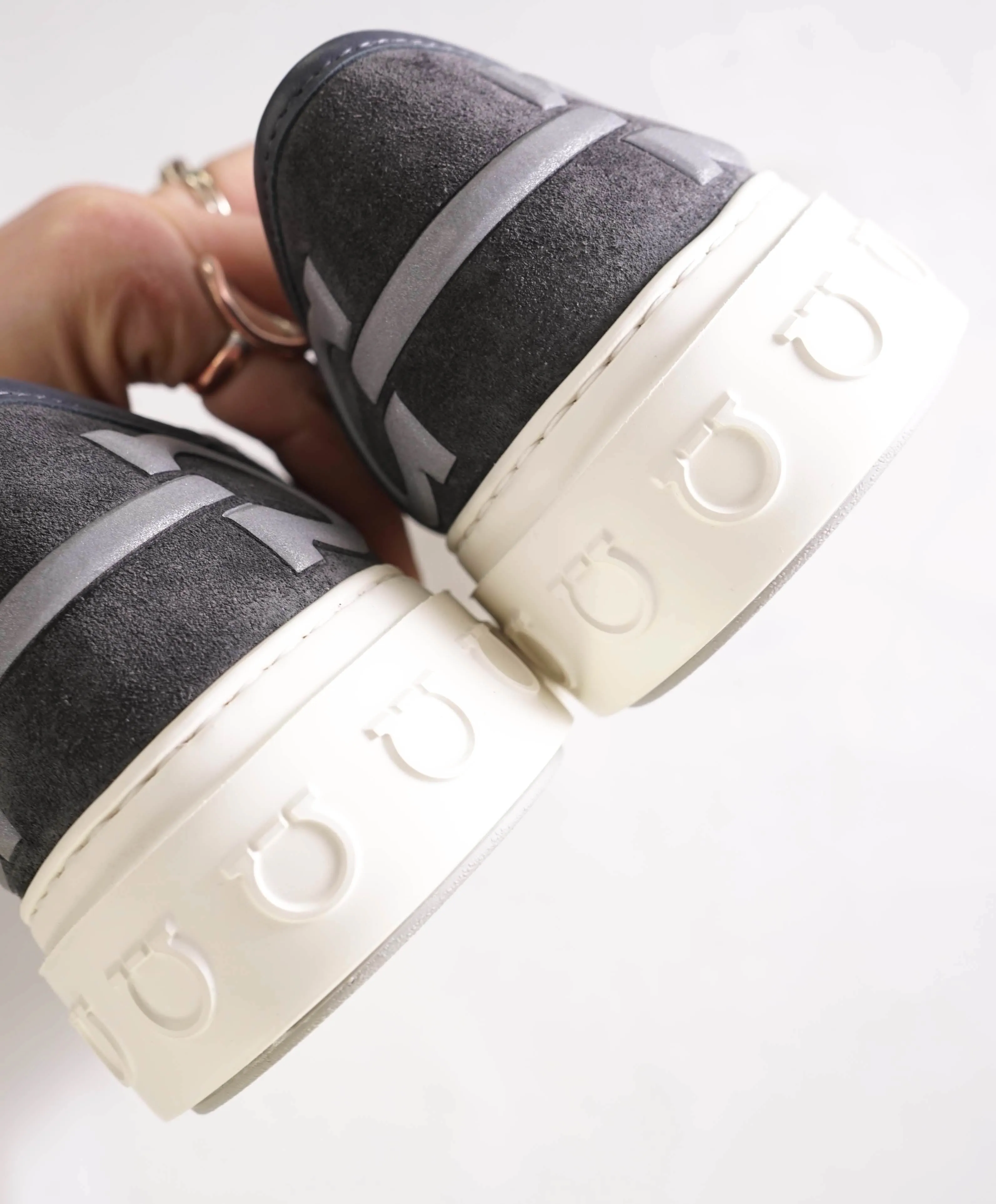 $750 SALVATORE FERRAGAMO - Gray Gancini Logo Sneaker - 8M US