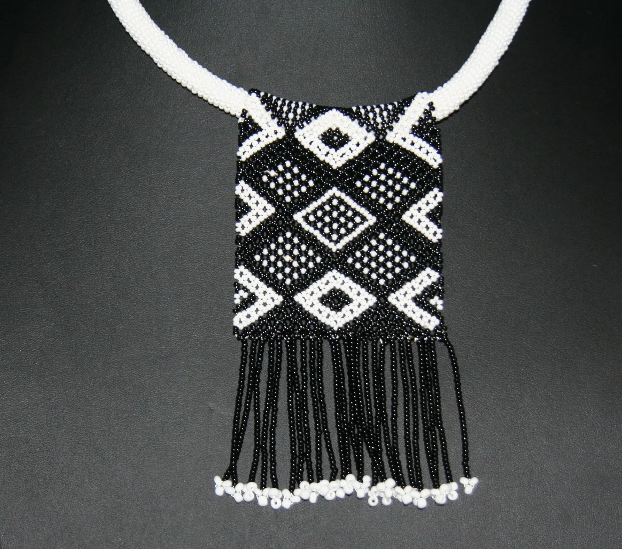African Love Letter Beaded Necklace Black on White Beaded Fringe