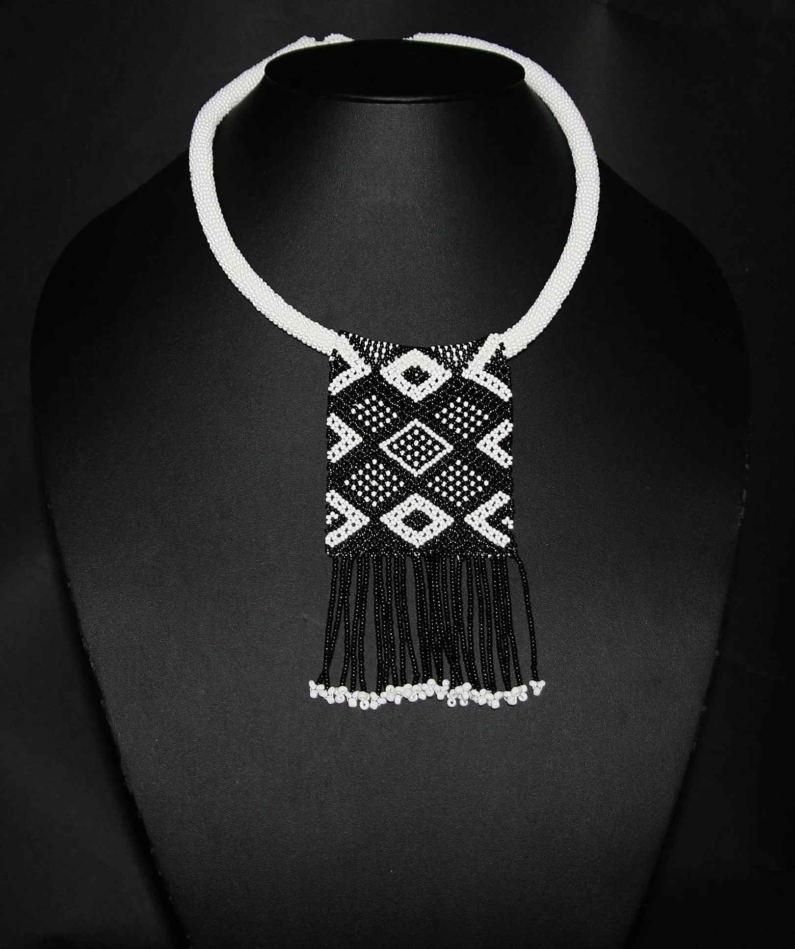 African Love Letter Beaded Necklace Black on White Beaded Fringe