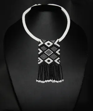 African Love Letter Beaded Necklace Black on White Beaded Fringe