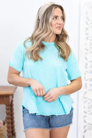 Aqua Washed Waffle Stitch Detail Knit Top