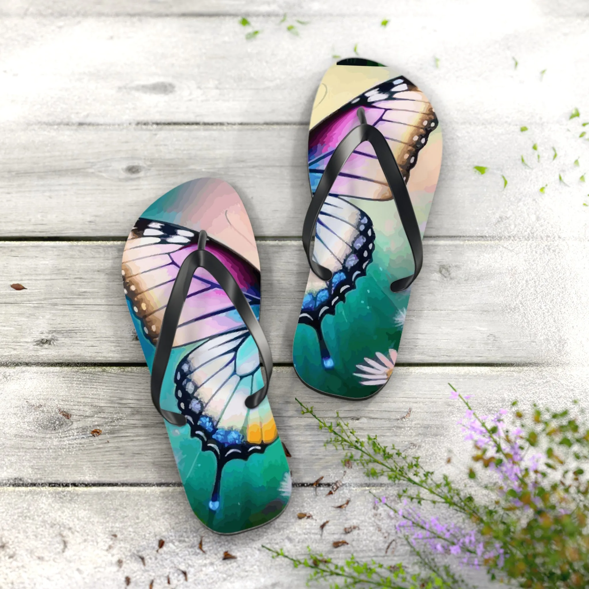 Beautiful Butterfly and Daisies Flip Flops for Women