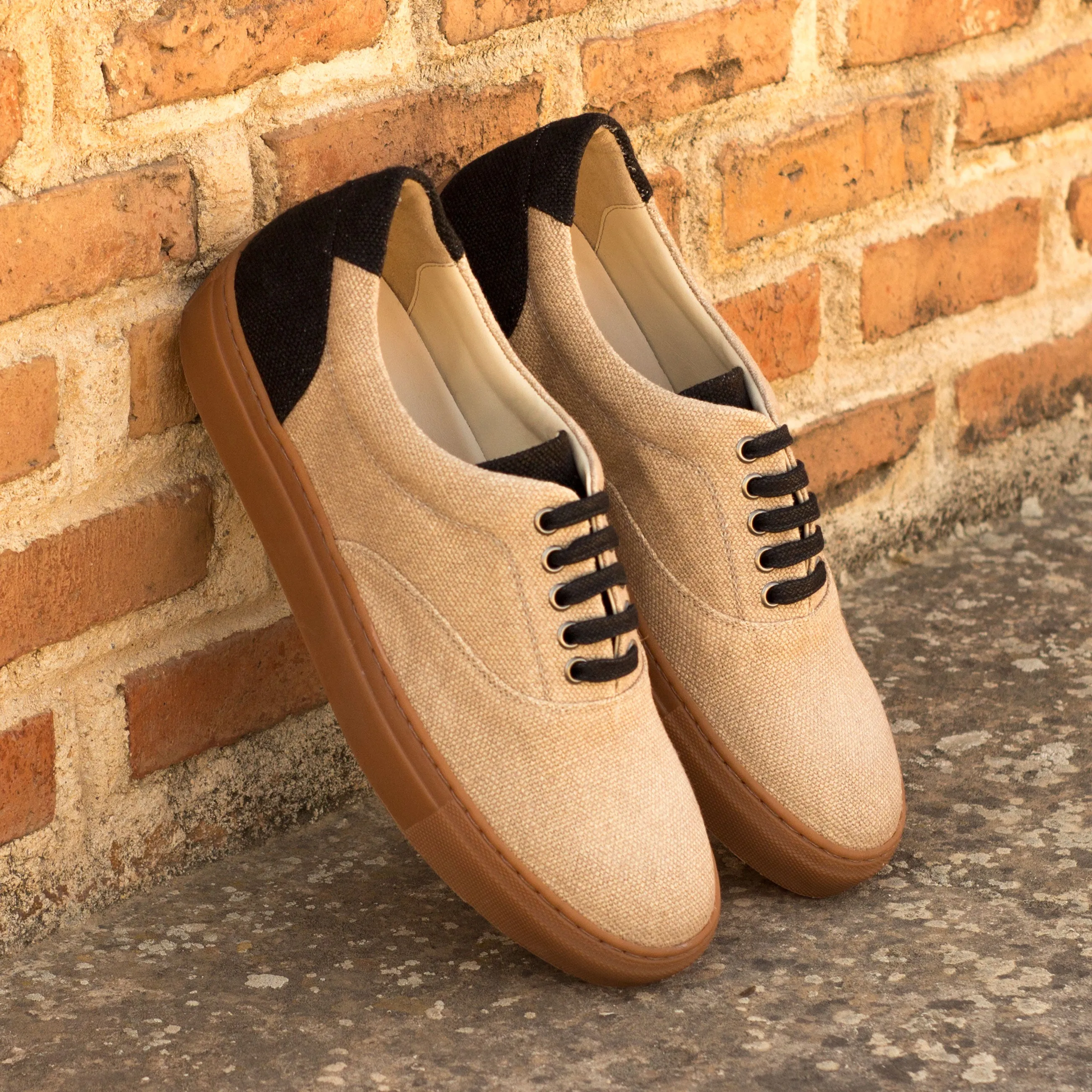 Beige & Black Linen Top-Sider Trainers