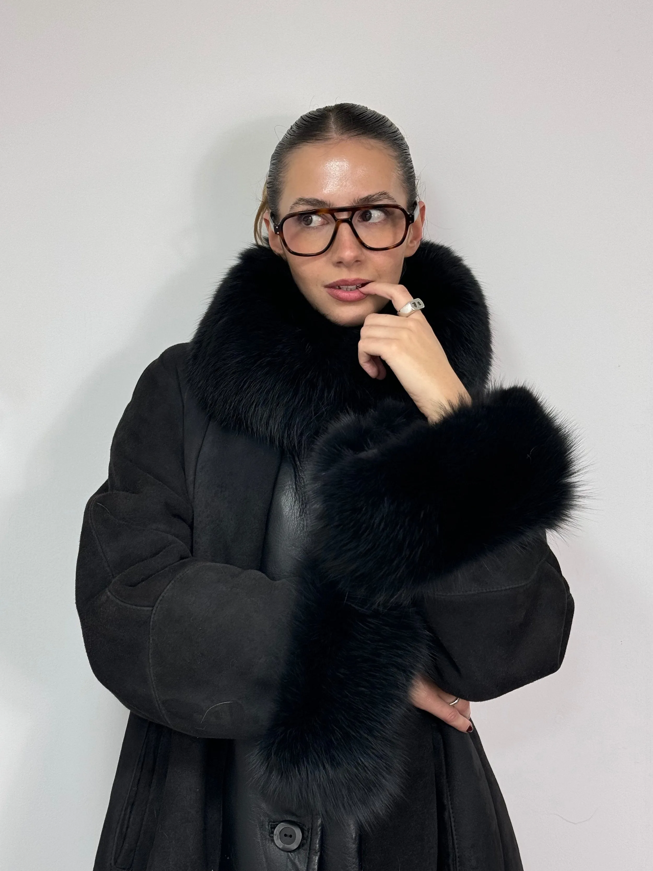 Black Fur Shearling Italian Coat