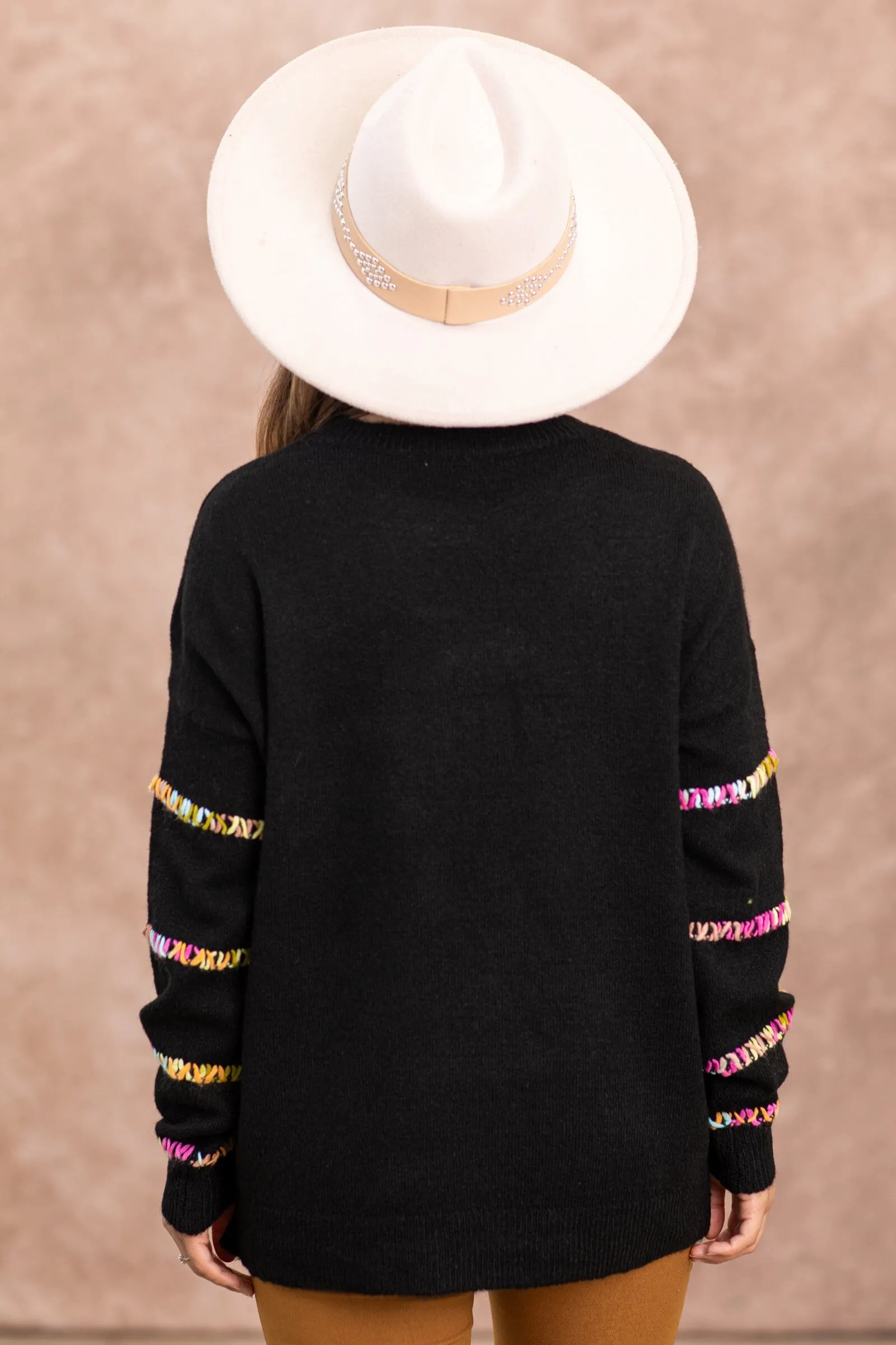 Black Sweater With Multicolor Stitch Detail