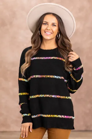 Black Sweater With Multicolor Stitch Detail