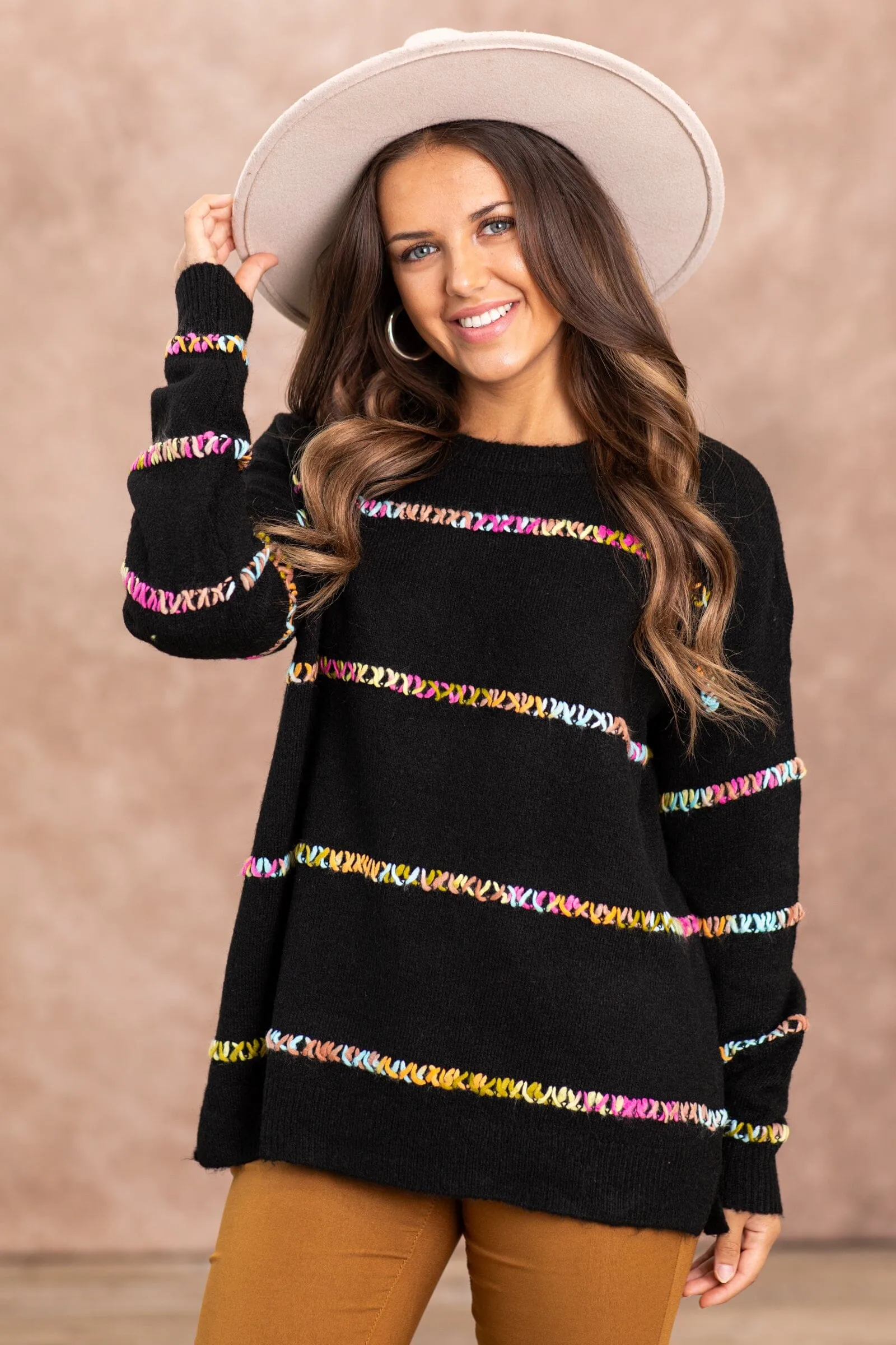 Black Sweater With Multicolor Stitch Detail