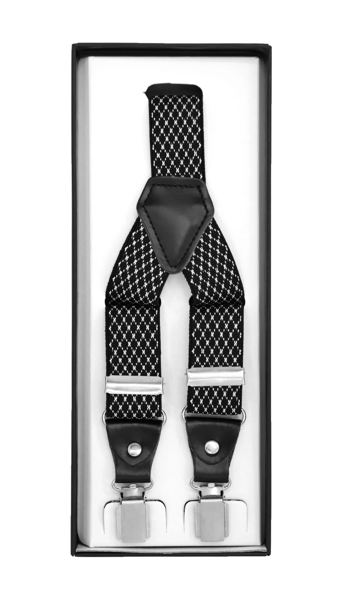 Black with White Diamond Unisex Clip On Suspenders