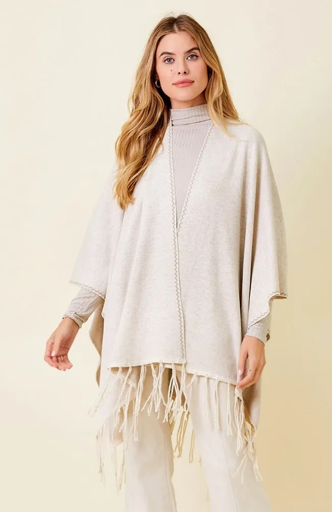 Blanket Stitch Detail Poncho With Fringe