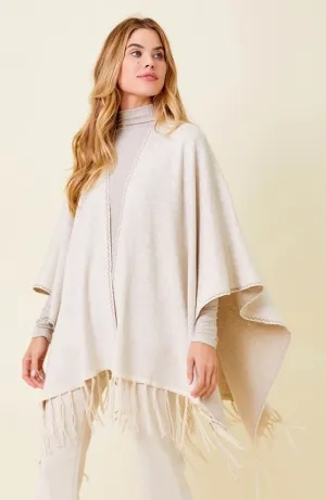 Blanket Stitch Detail Poncho With Fringe