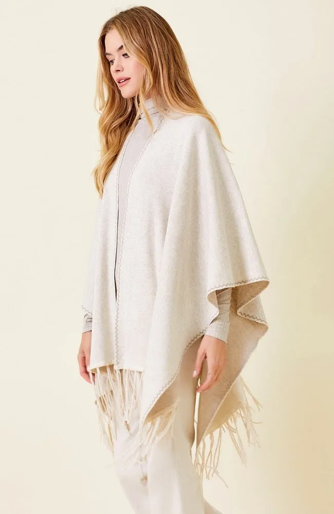 Blanket Stitch Detail Poncho With Fringe