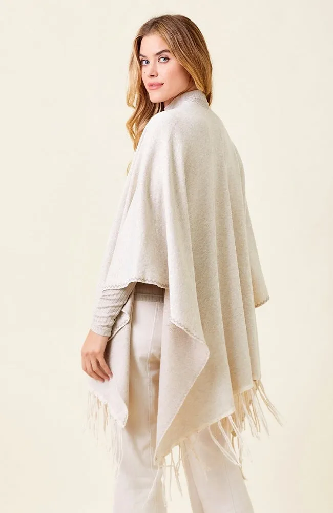 Blanket Stitch Detail Poncho With Fringe