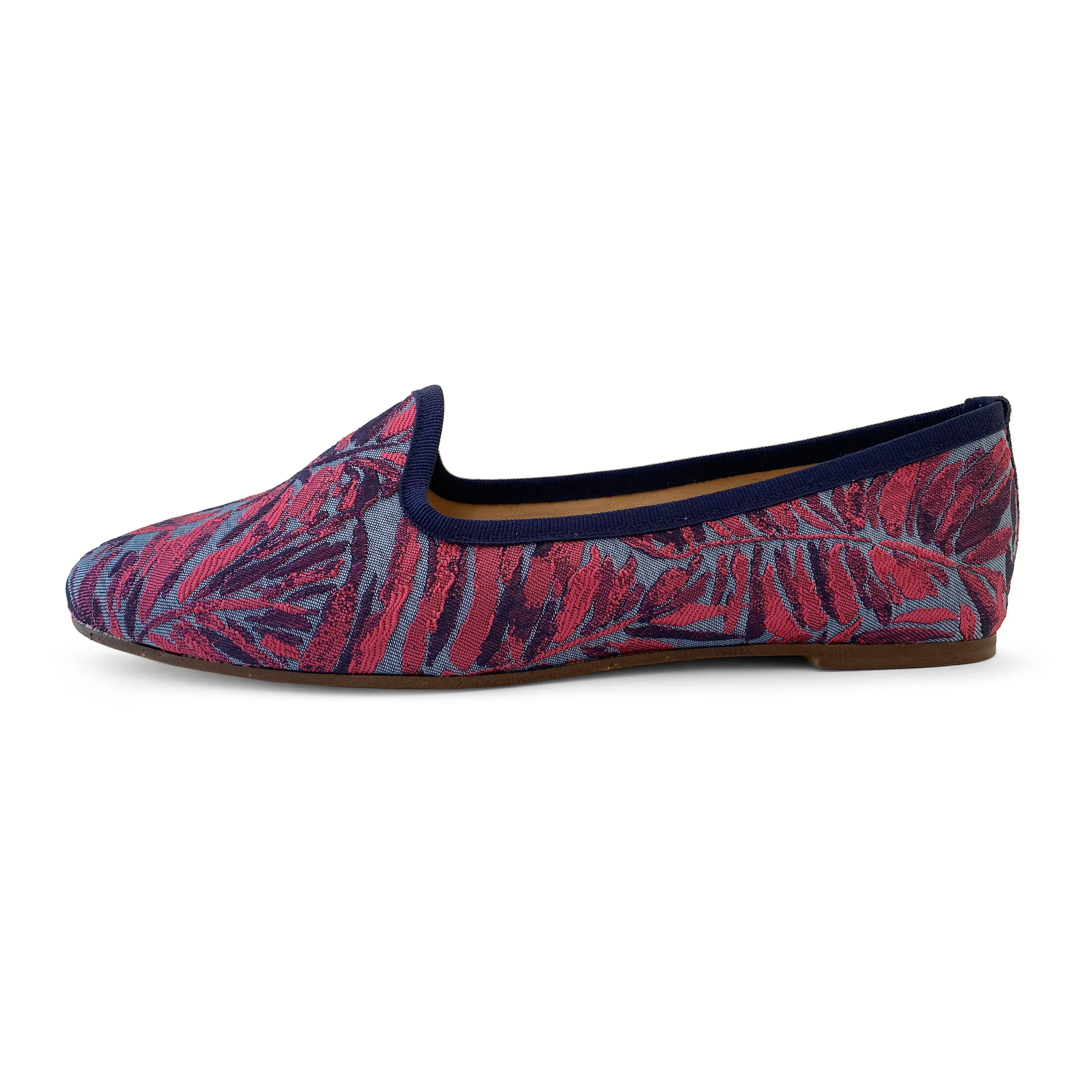 Blue and fuchsia jacquard loafers with tropical print