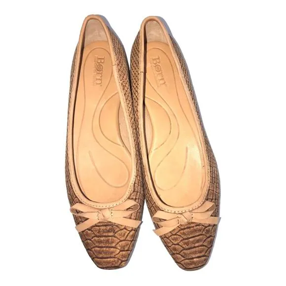 BORN Snake Embossed Carri Flat Brown in Cork and Leather 7 NWOB