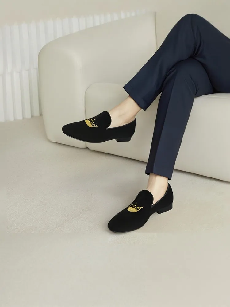 British style classic crown hand embroidered men's velvet loafers wedding party slip-on loafers smoking shoes