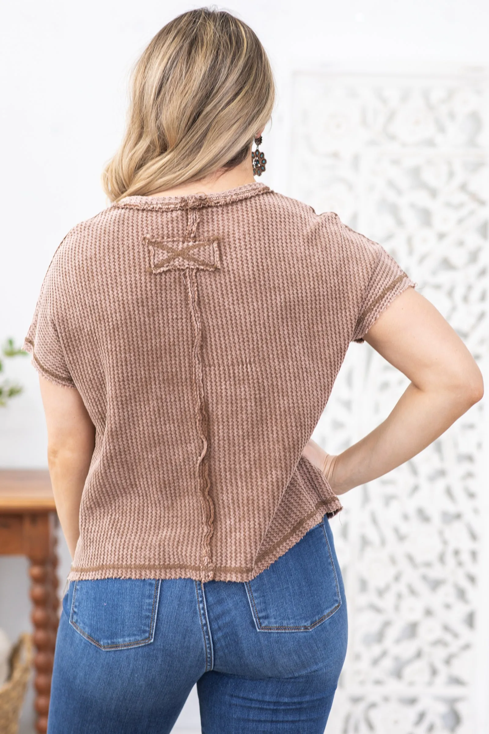 Brown Washed Stitch Detail Waffle Knit Top