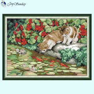 Cat and Fish Joy Sunday Cartoon Stamped Cross Stitch Kit