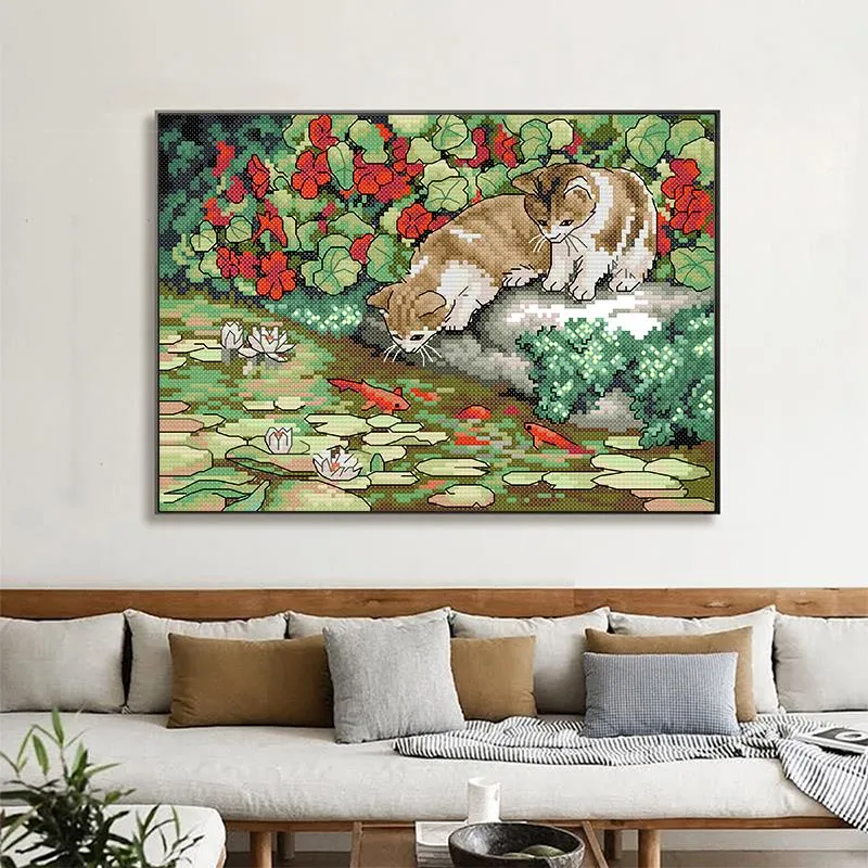 Cat and Fish Joy Sunday Cartoon Stamped Cross Stitch Kit