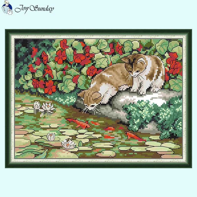 Cat and Fish Joy Sunday Cartoon Stamped Cross Stitch Kit