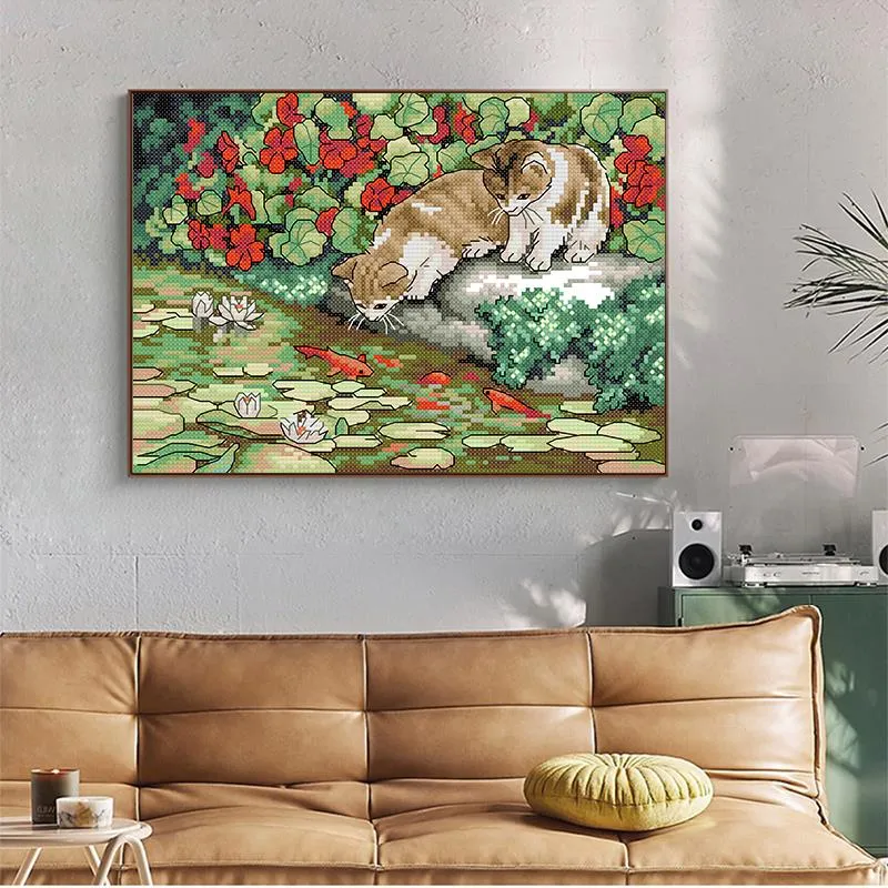 Cat and Fish Joy Sunday Cartoon Stamped Cross Stitch Kit