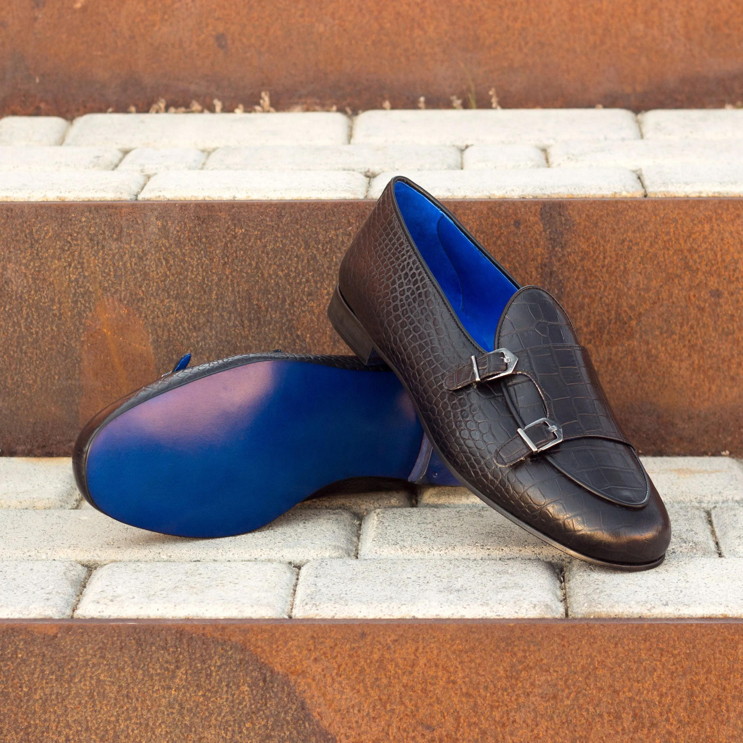 DapperFam Rialto in Black Men's Italian Croco Embossed Leather Monk Slipper