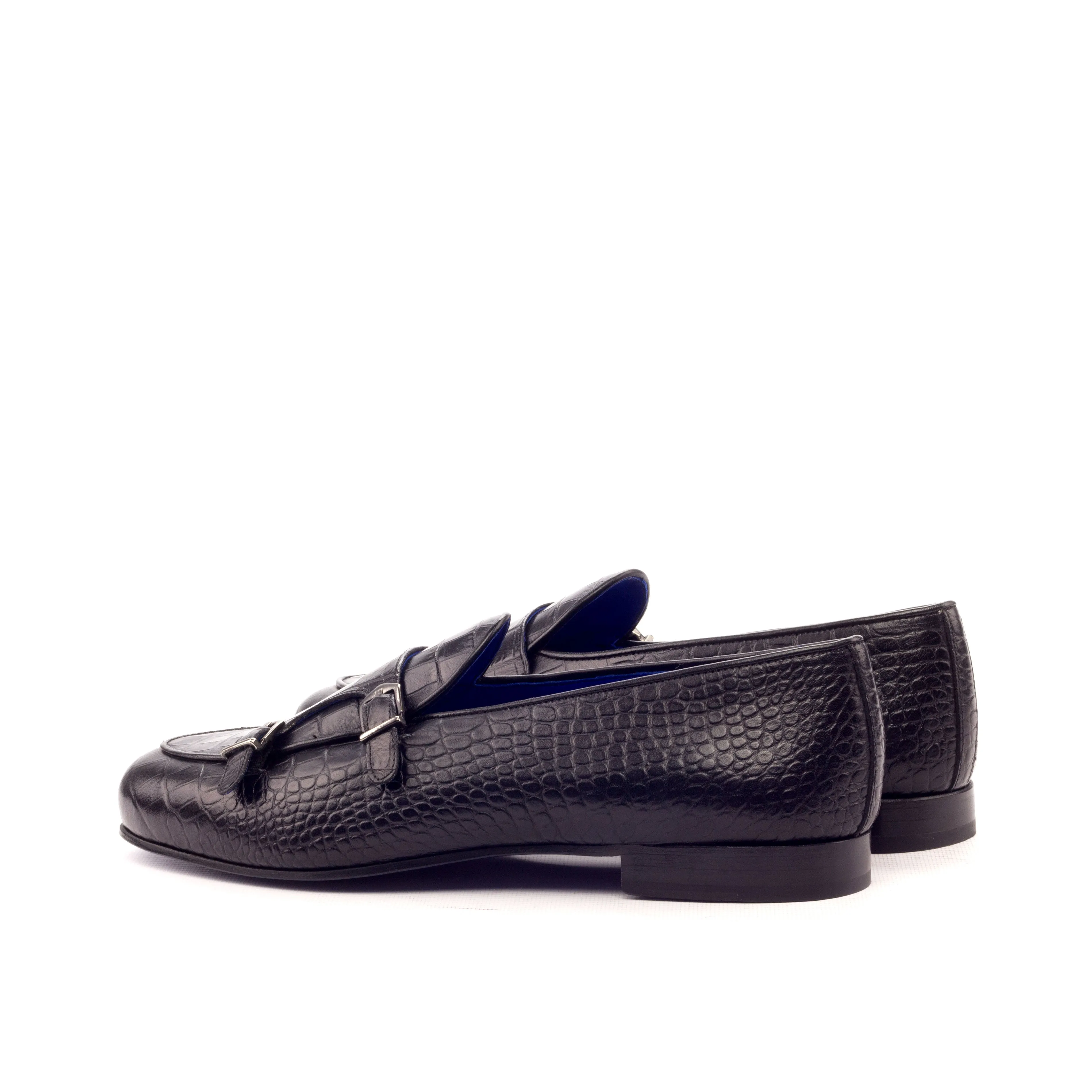 DapperFam Rialto in Black Men's Italian Croco Embossed Leather Monk Slipper