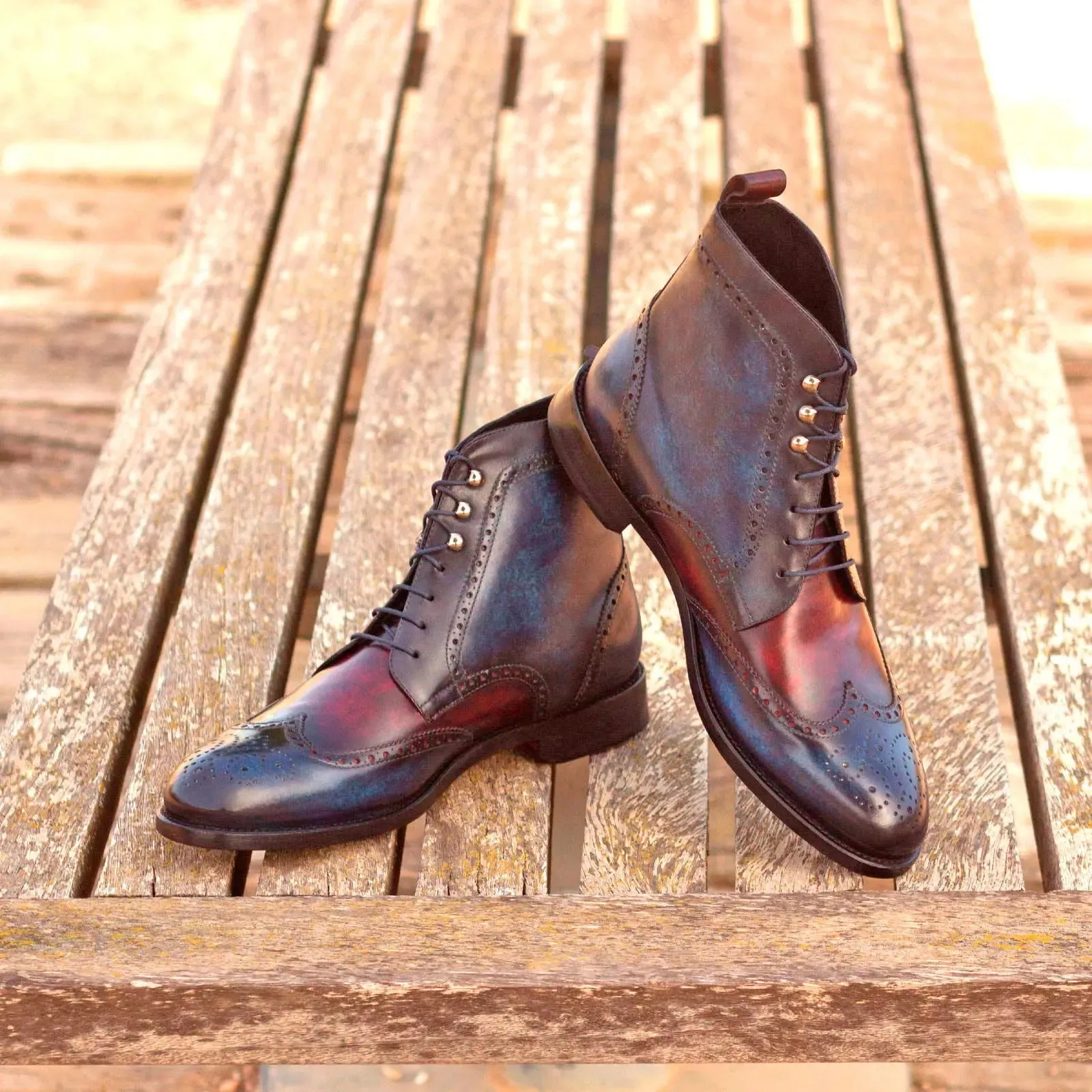 DapperFam Valiant in Denim / Burgundy Men's Hand-Painted Patina Military Brogue