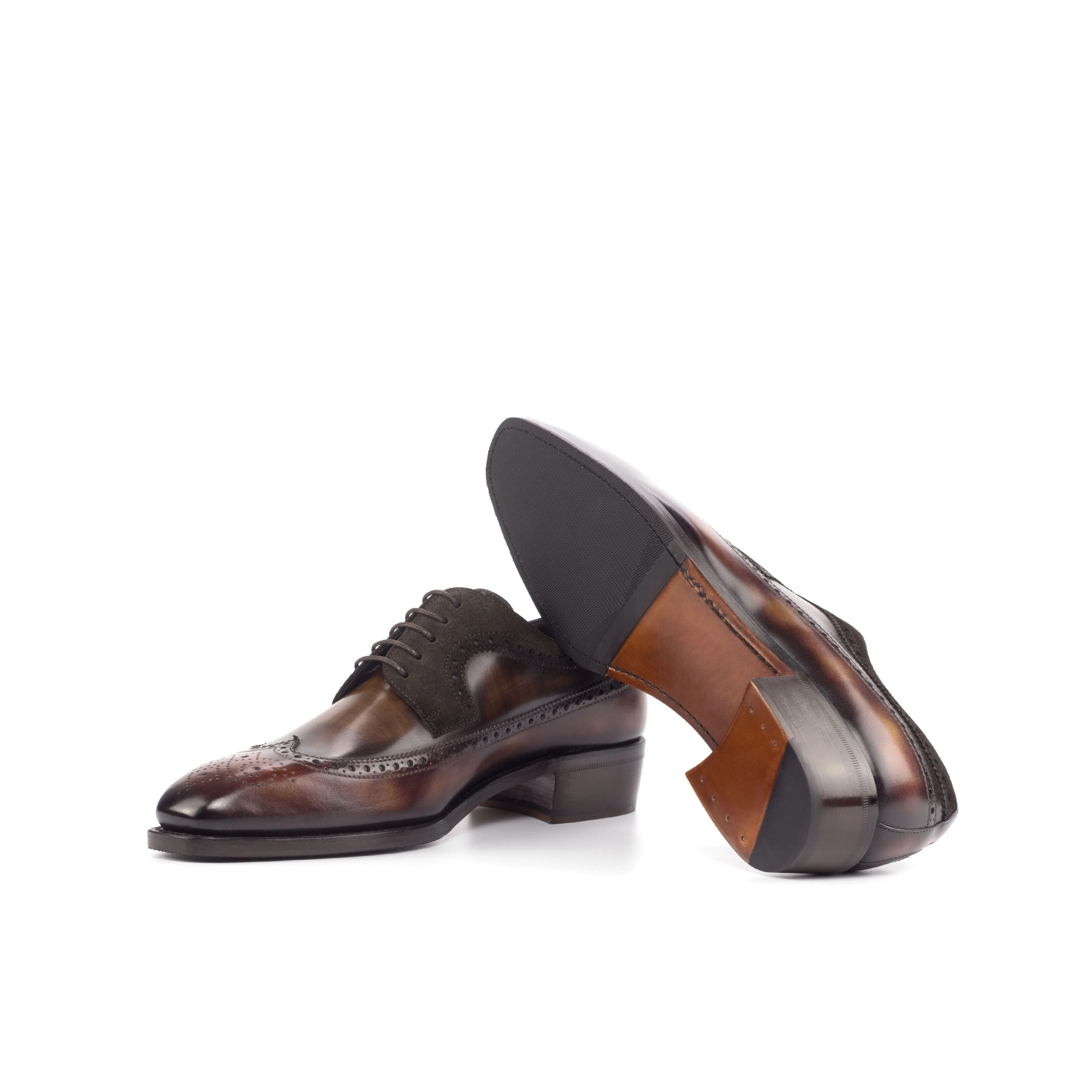 DapperFam Zephyr in Dark Brown / Brown / Fire Men's Lux Suede & Hand-Painted Patina Longwing Blucher