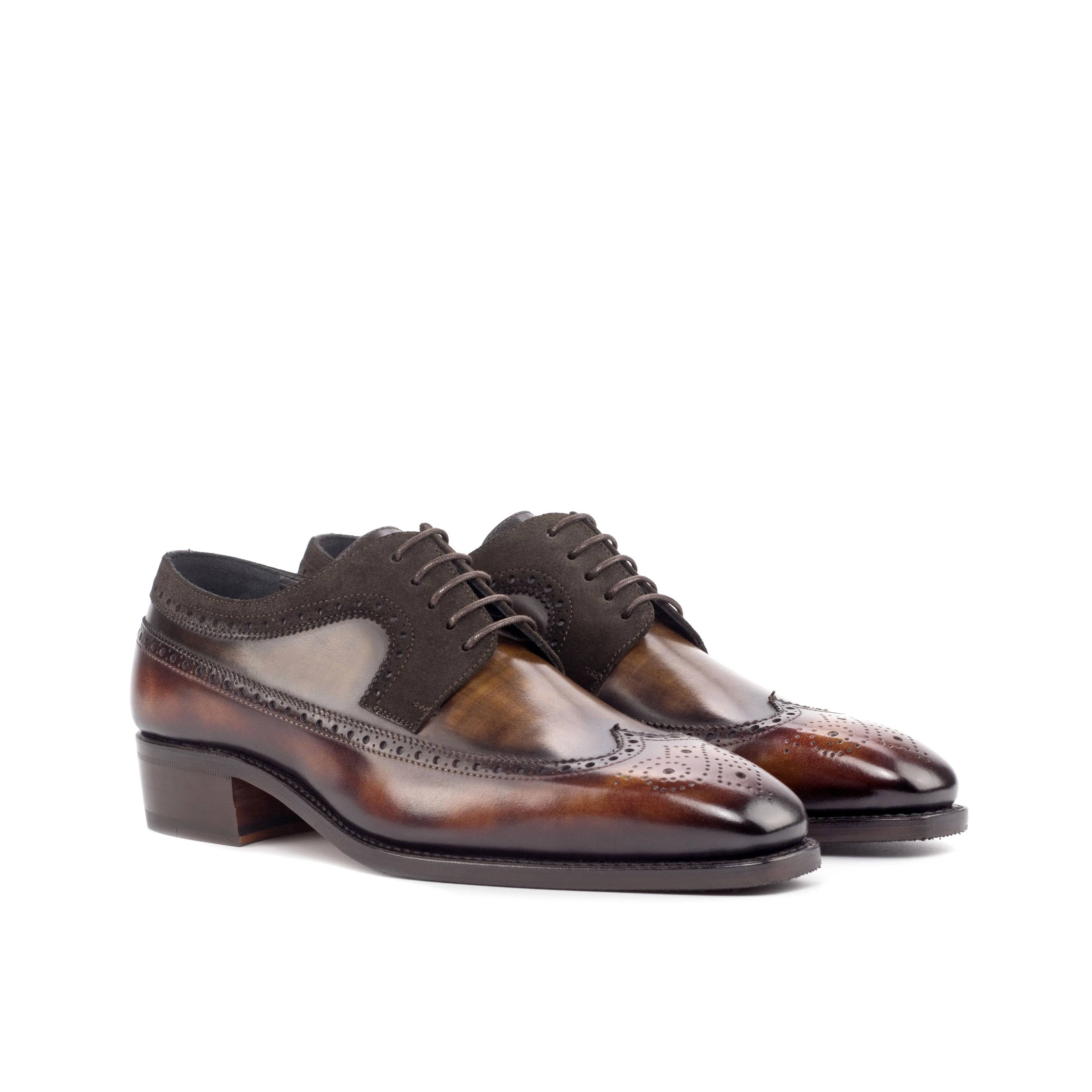 DapperFam Zephyr in Dark Brown / Brown / Fire Men's Lux Suede & Hand-Painted Patina Longwing Blucher