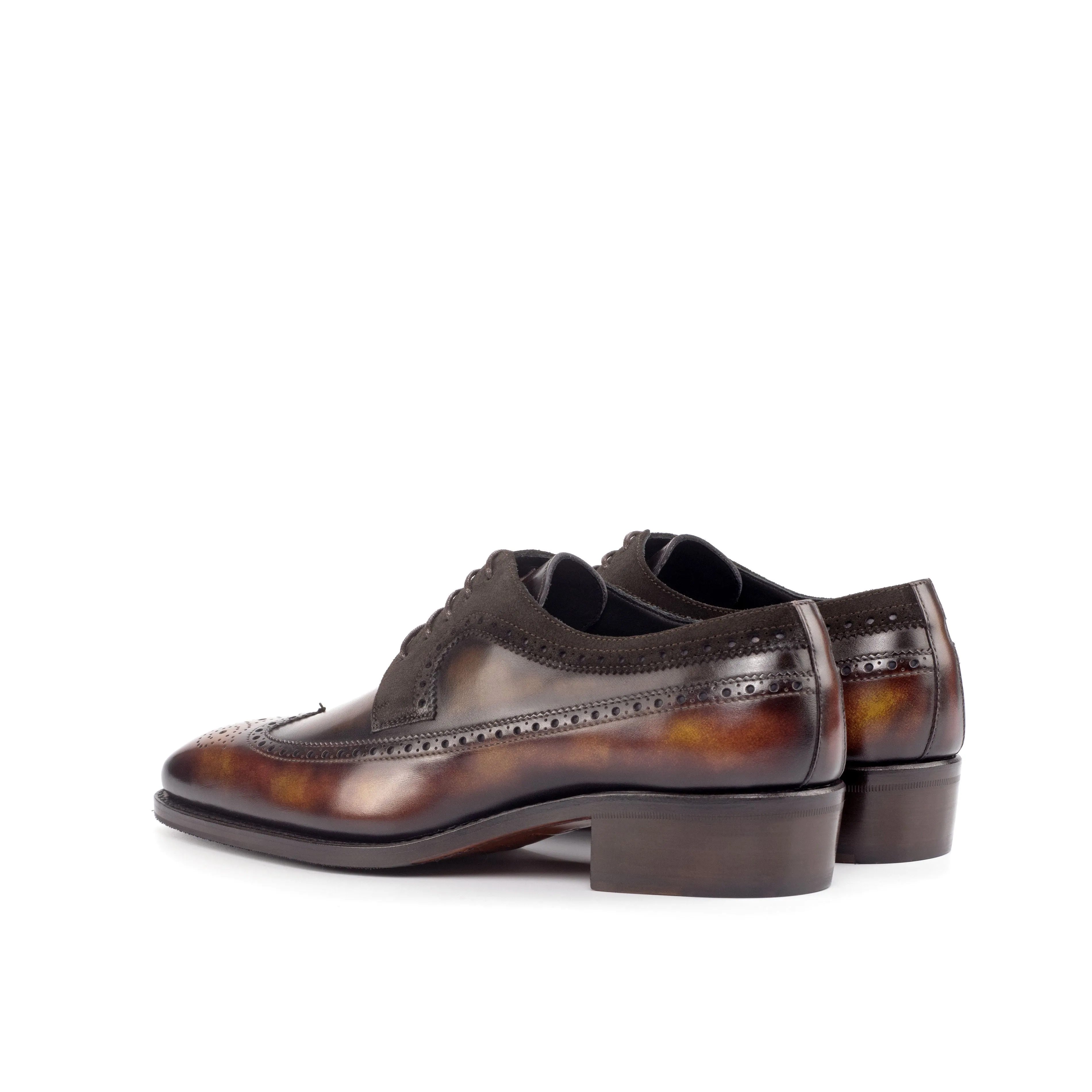 DapperFam Zephyr in Dark Brown / Brown / Fire Men's Lux Suede & Hand-Painted Patina Longwing Blucher