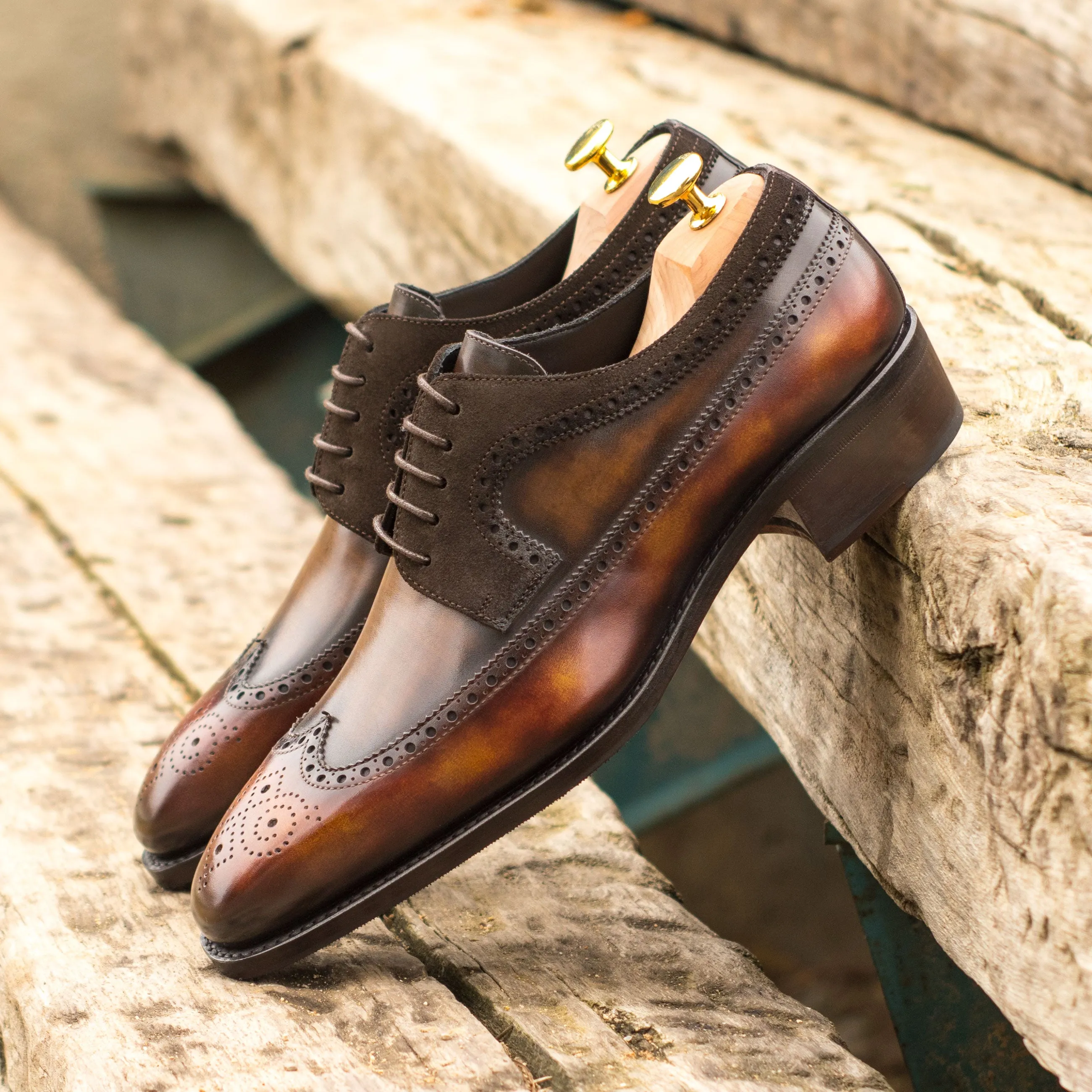 DapperFam Zephyr in Dark Brown / Brown / Fire Men's Lux Suede & Hand-Painted Patina Longwing Blucher