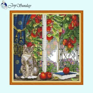 DIY Animal Pattern Cat on the Windows Cross Stitch