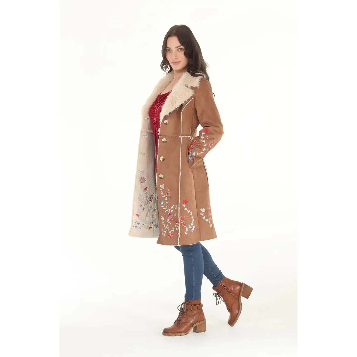 Faux Suede & Shearling Embroidered Coat