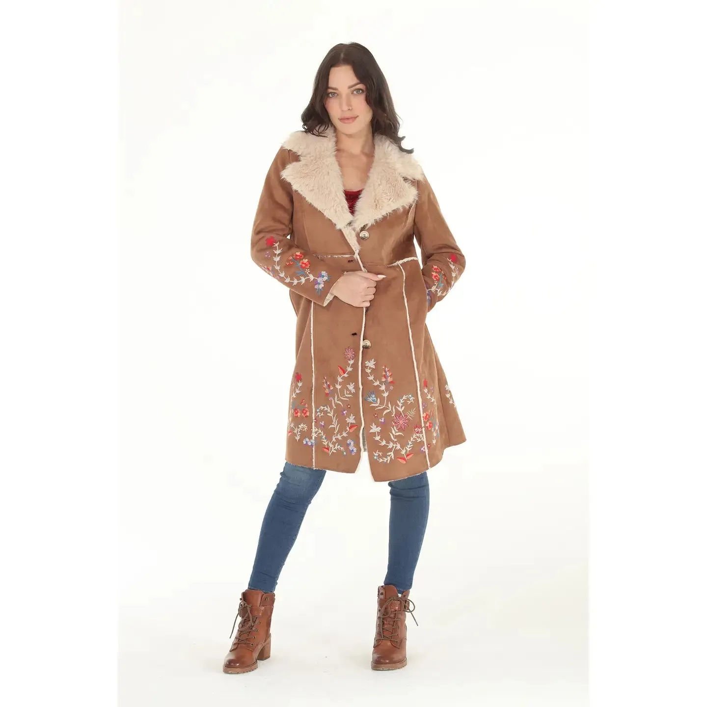 Faux Suede & Shearling Embroidered Coat